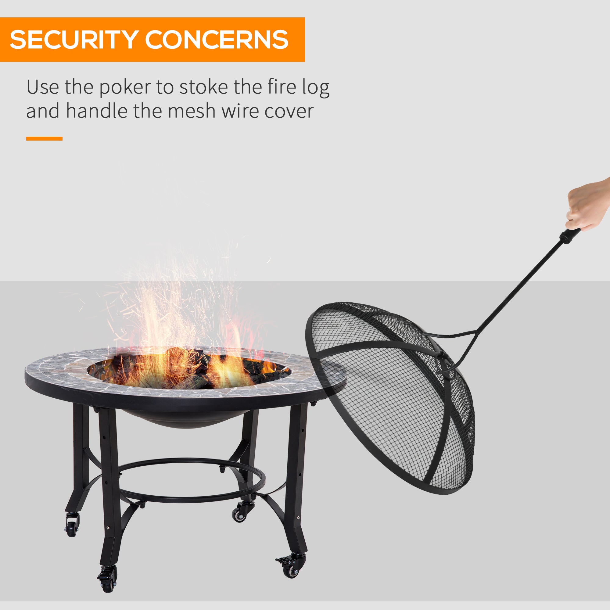 2-in-1 Outdoor Fire Pit on Wheels, Patio Heater with Cooking BBQ Grill, Firepit Bowl with Screen Cover, Fire Poker for Backyard Bonfire