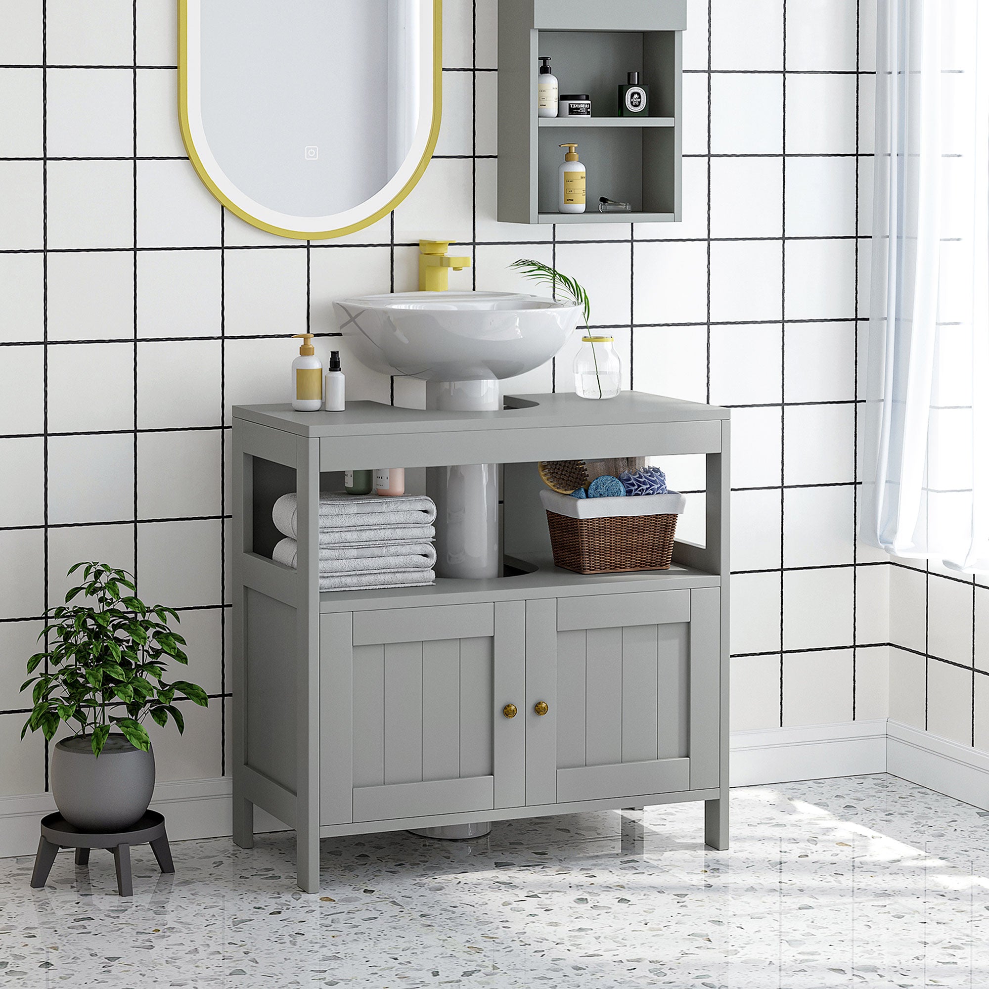 Pedestal Under Sink Cabinet with Double Doors, Modern Bathroom Vanity Storage Unit with Shelves, Light Grey