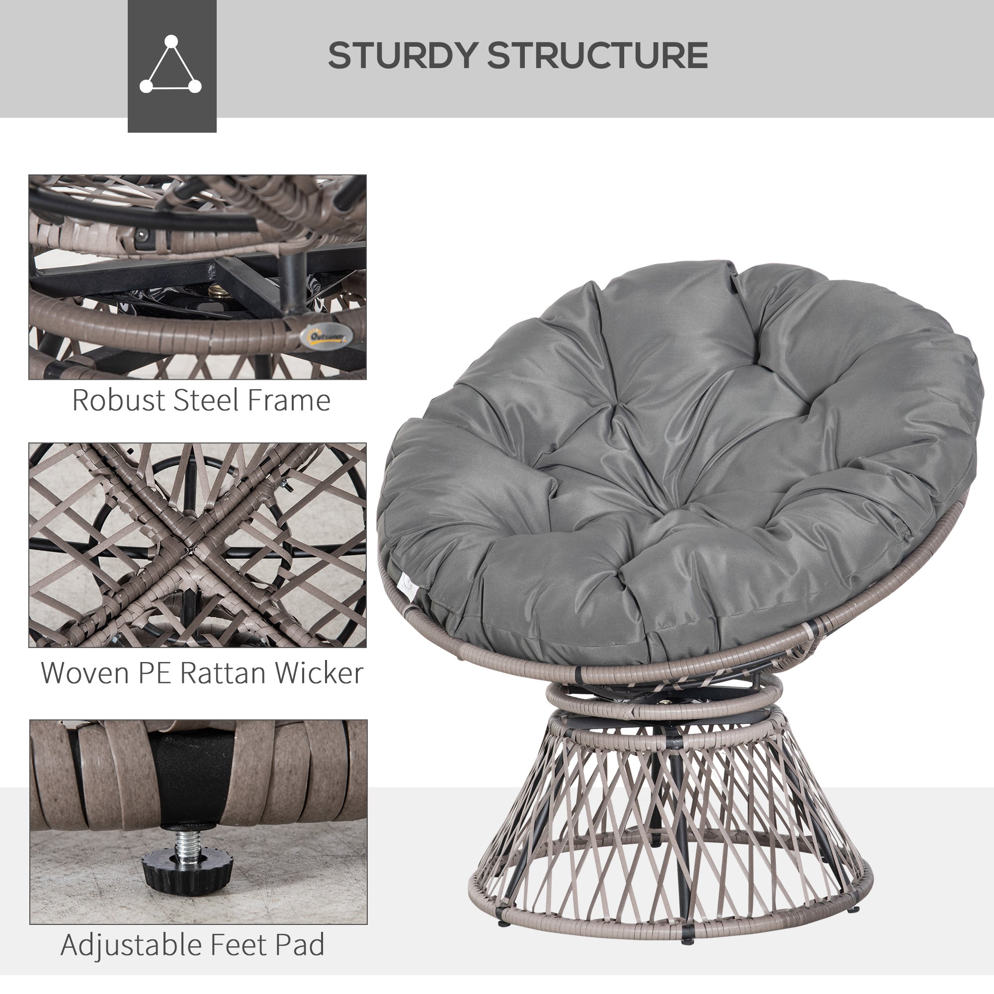 360° Swivel Oversized Rattan Papasan Moon Bowl Lounge Chair with Padded Cushion - Grey