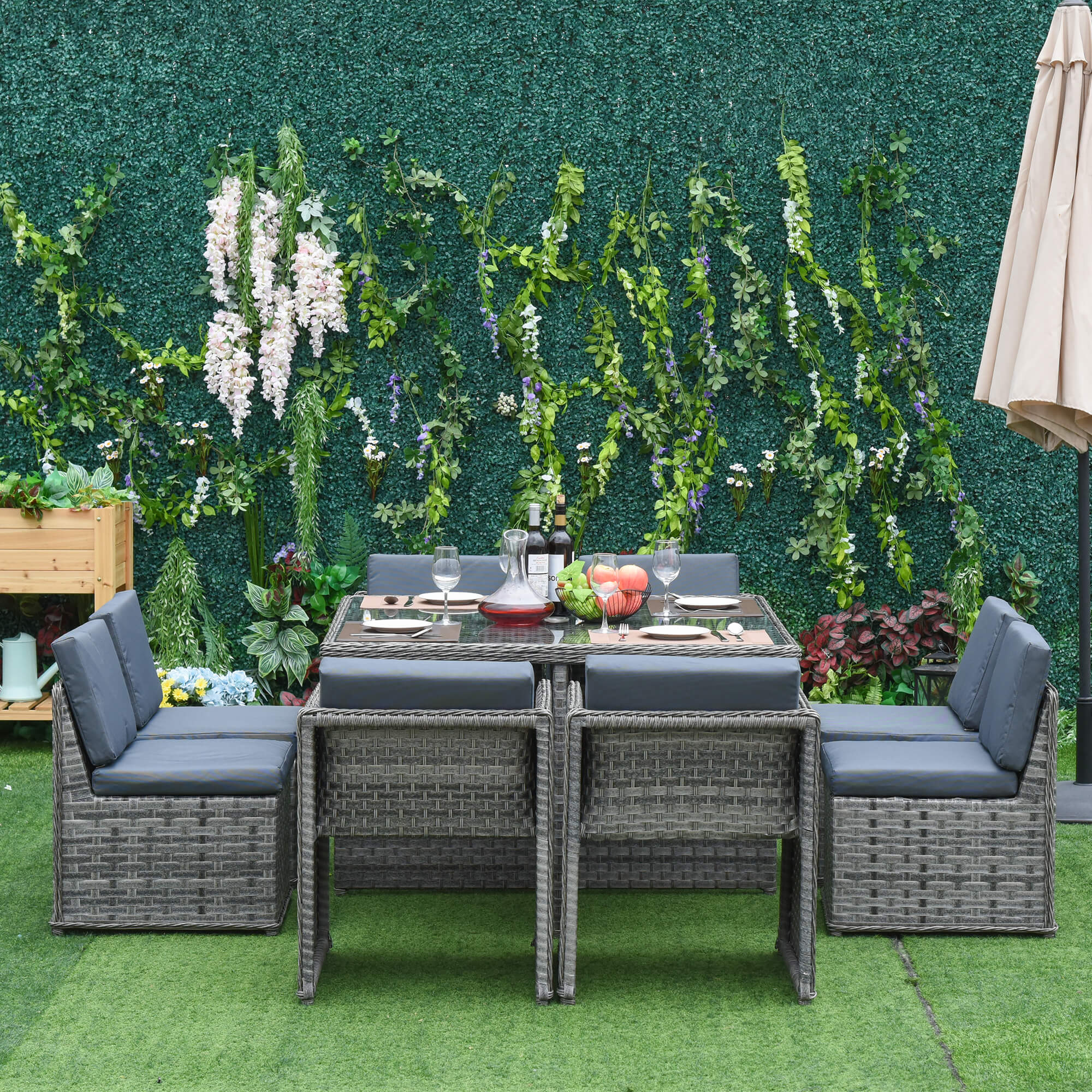 Patio 8-Seater Rattan Dining Table Chair Set Garden Wicker Cube Sofa Furniture w/ Umbrella Hole Table for Indoor & Outdoor Mixed Grey