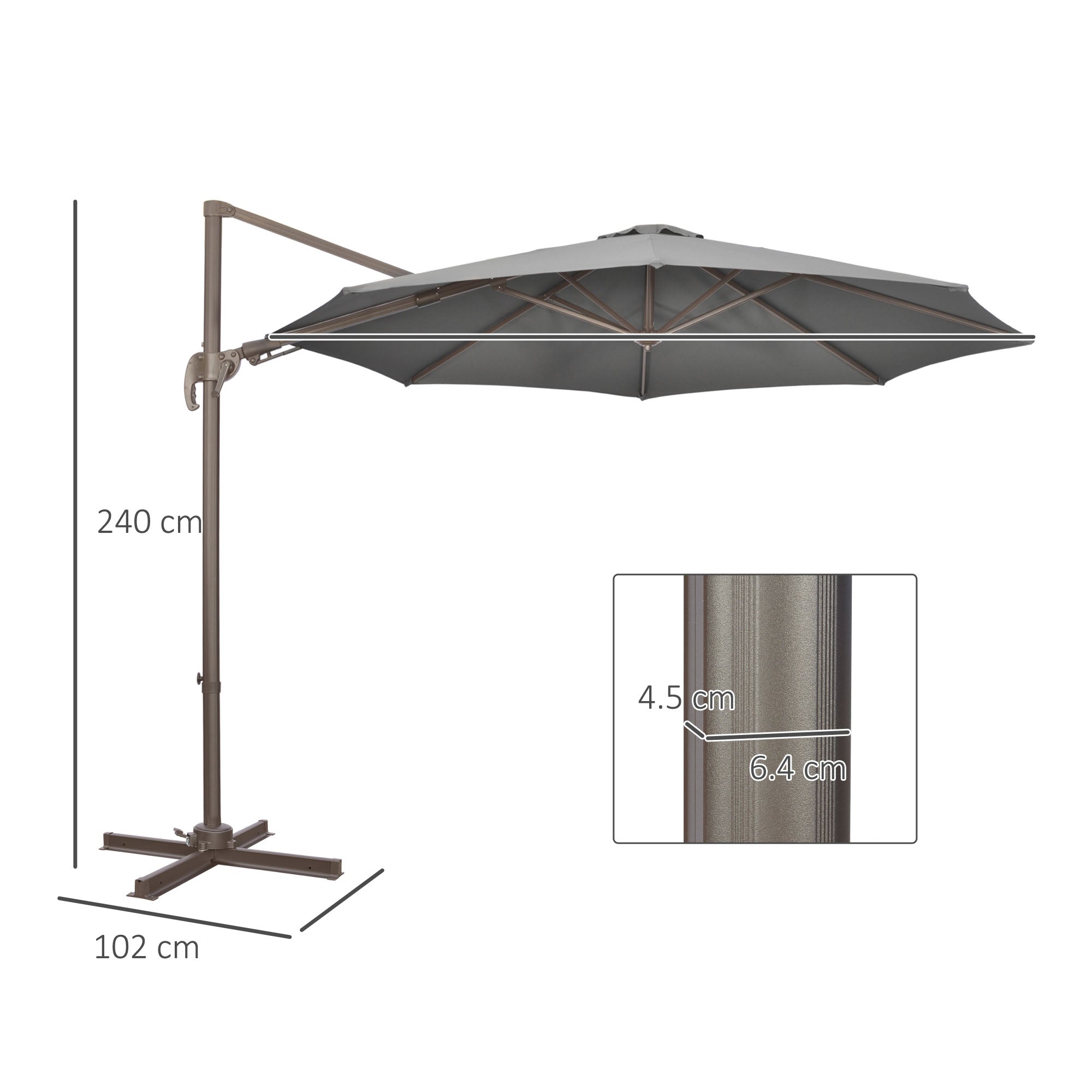 3(m) Cantilever Parasol 360° Rotation Roma Umbrella Hanging Sun Shade with Aluminum Frame, Tilt Crank, 8 Ribs and Cross Base, Dark Grey