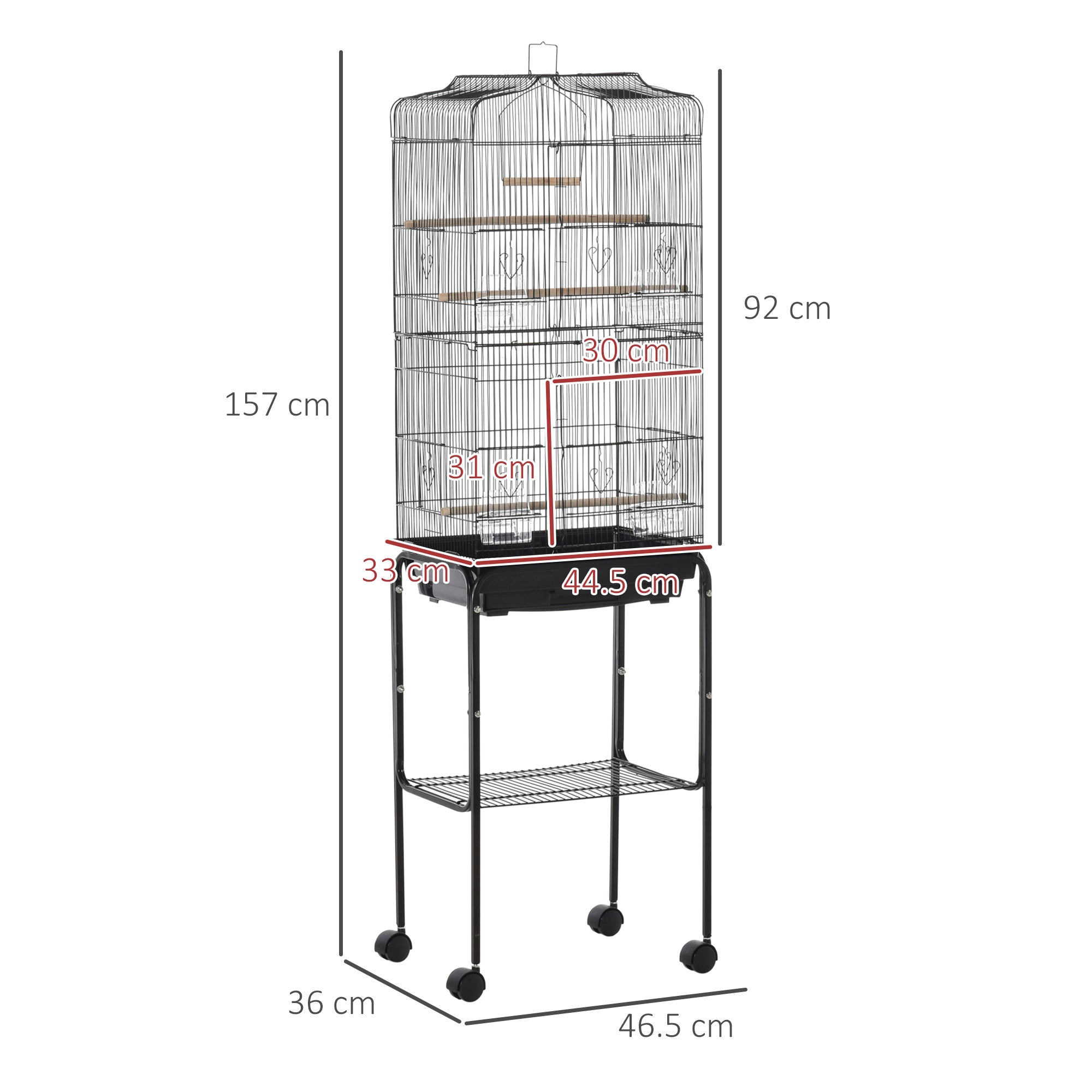 Bird Cage Budgie Cages for Finch Canary Parakeet with Stand Wheels Slide-out Tray Accessories Storage Shelf, Black 36 x 46.5 x 157 cm