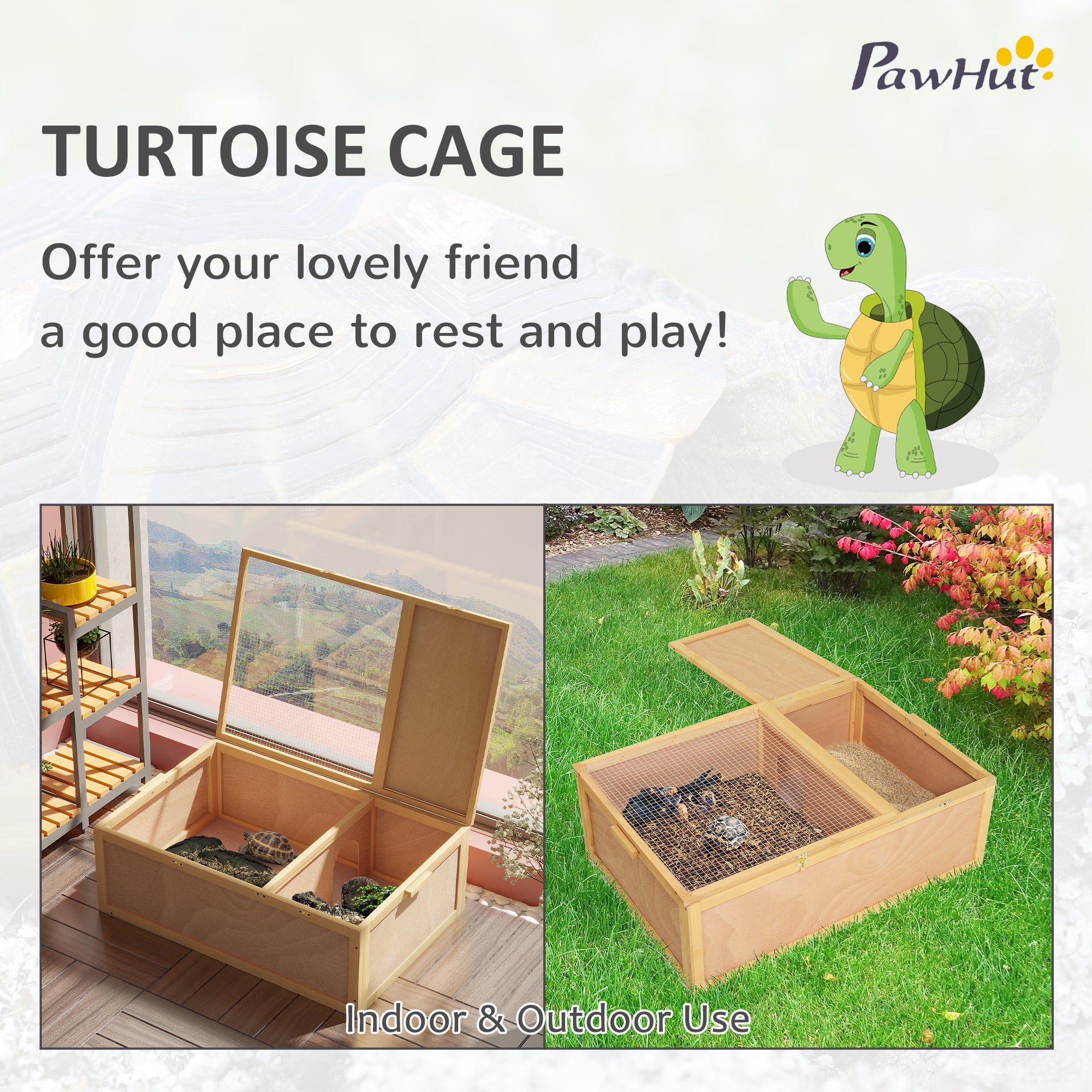 94 cm Wooden Tortoise House Turtle Terrarium/ Small Reptile Enclosure with Two Room Design, Natural