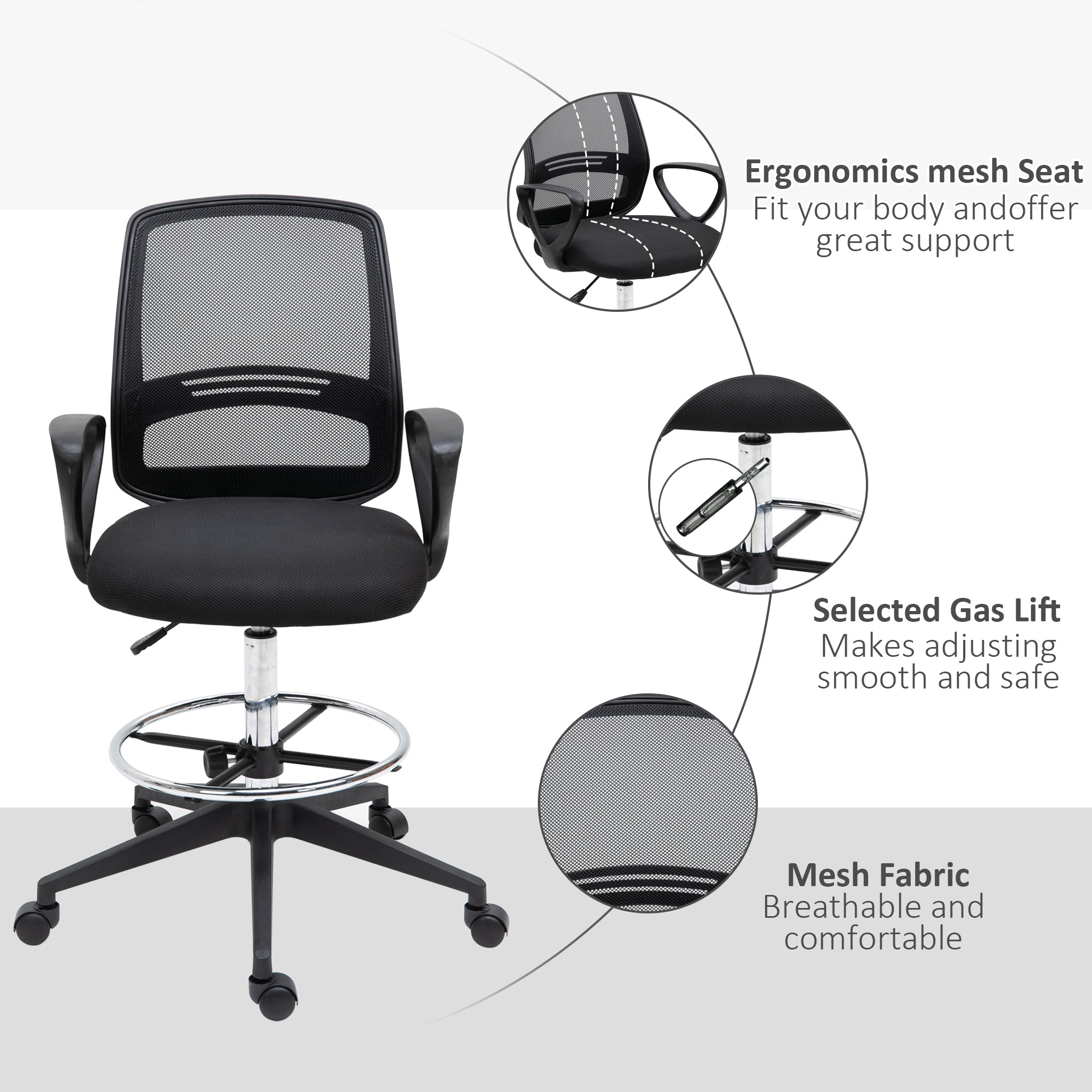 Ergonomic Mesh Back Drafting Chair Tall Office Chair with Adjustable Height and Footrest 360° Swivel