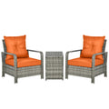3 Piece PE Rattan Garden Bistro Set With Removable Cushions - Grey Orange