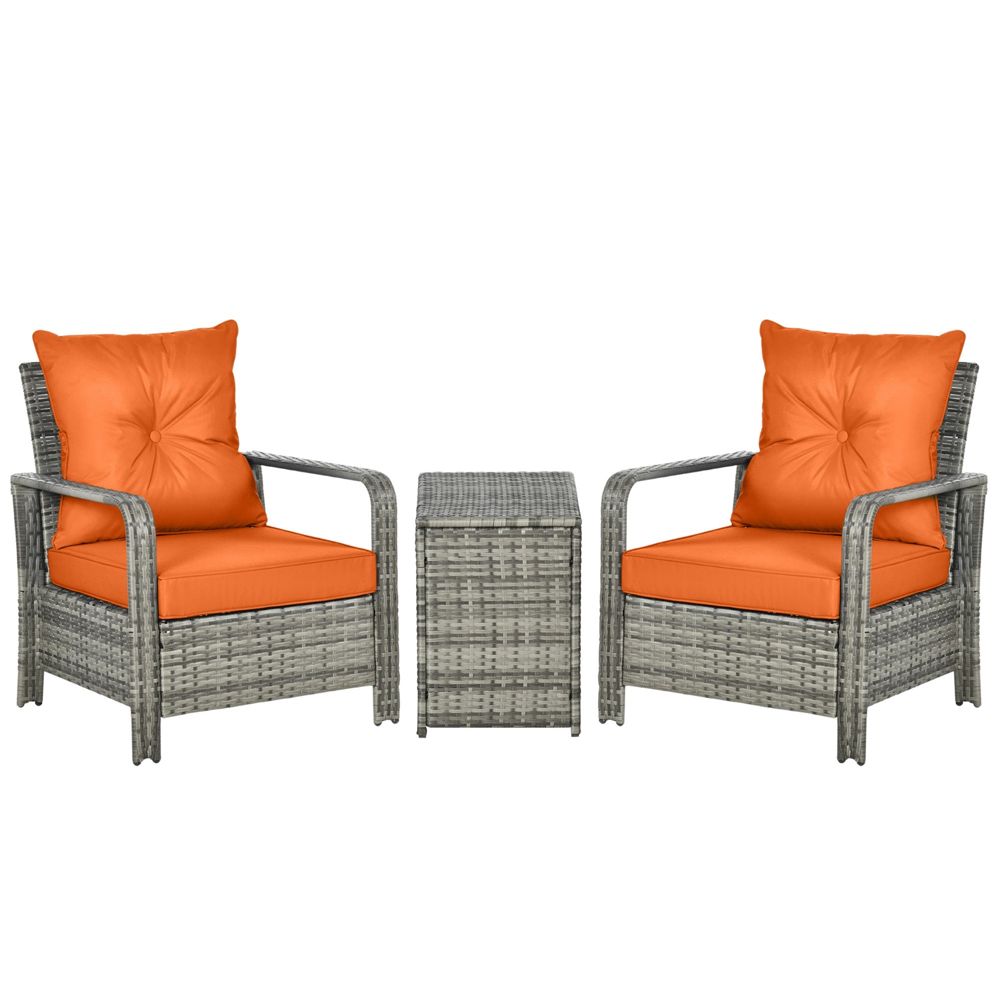 3 pcs PE Rattan Wicker Garden Furniture Patio Bistro Set Weave Conservatory Sofa Storage Table and Chairs Set Orange Cushion, Mixed Grey