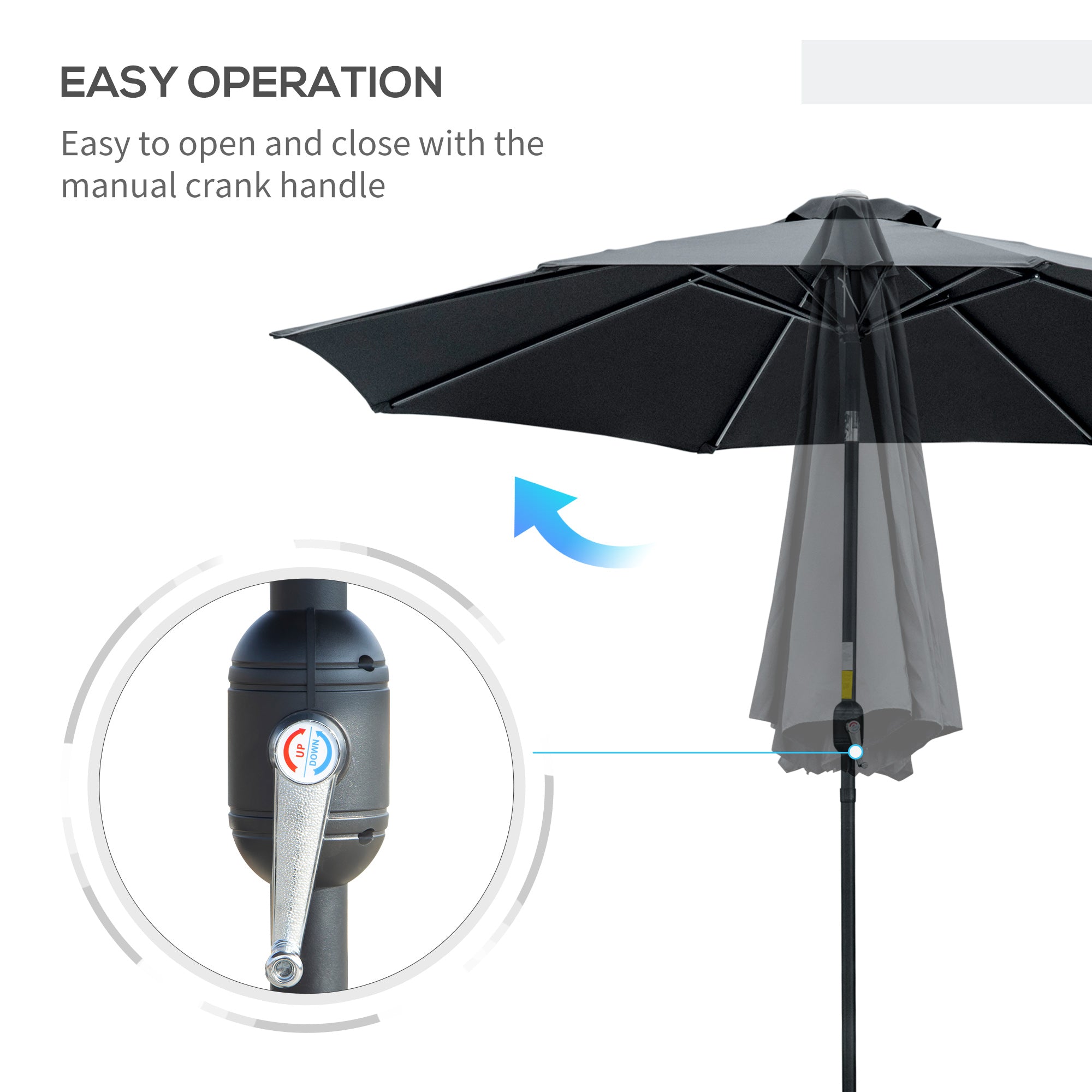 3 Metre Tilting Garden Parasol with Crank Handle and Steel Frame - Black
