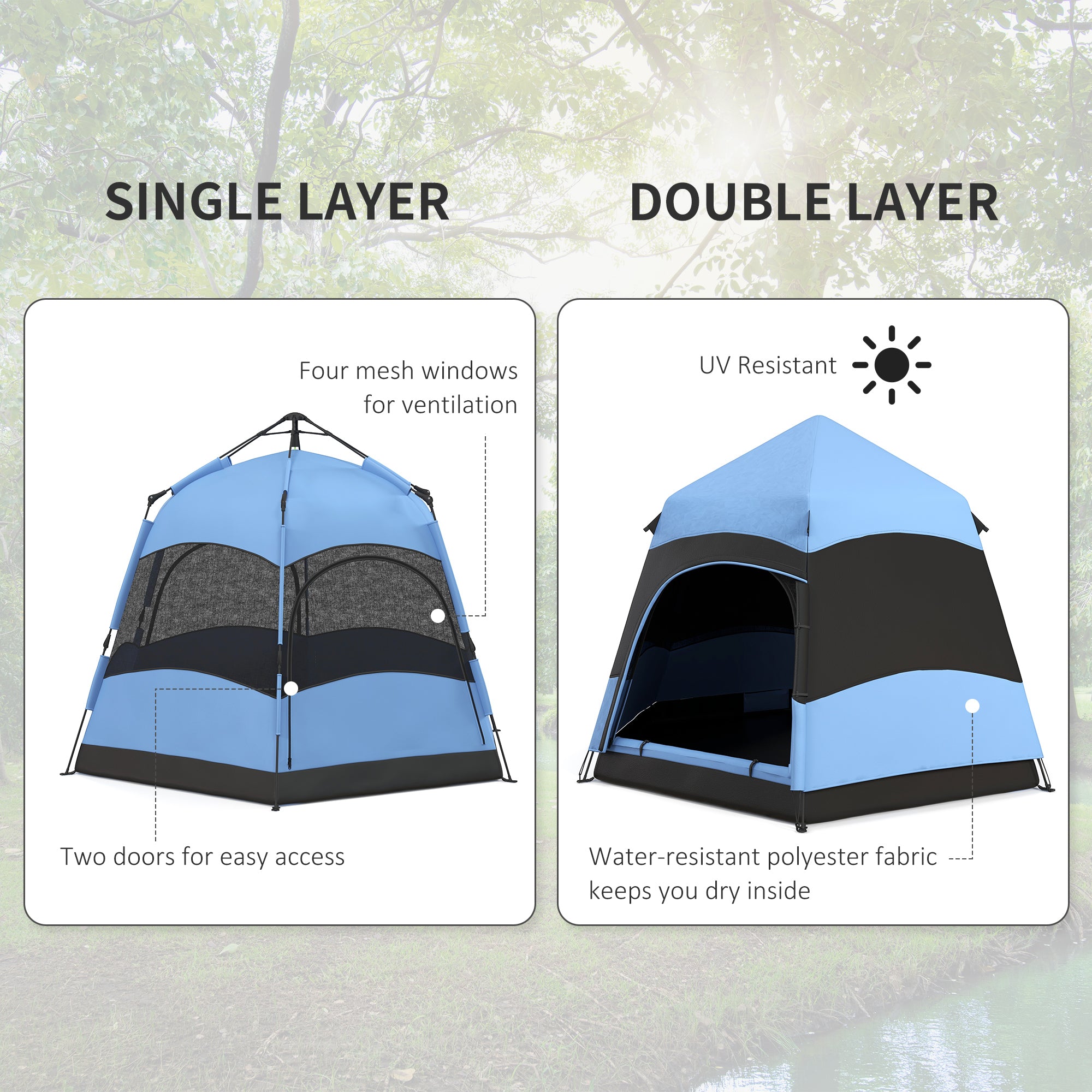 4-Person Double Layer Hexagon Dome Pop Up Camping Tent with Rainfly and Welded Floor - Blue and Black