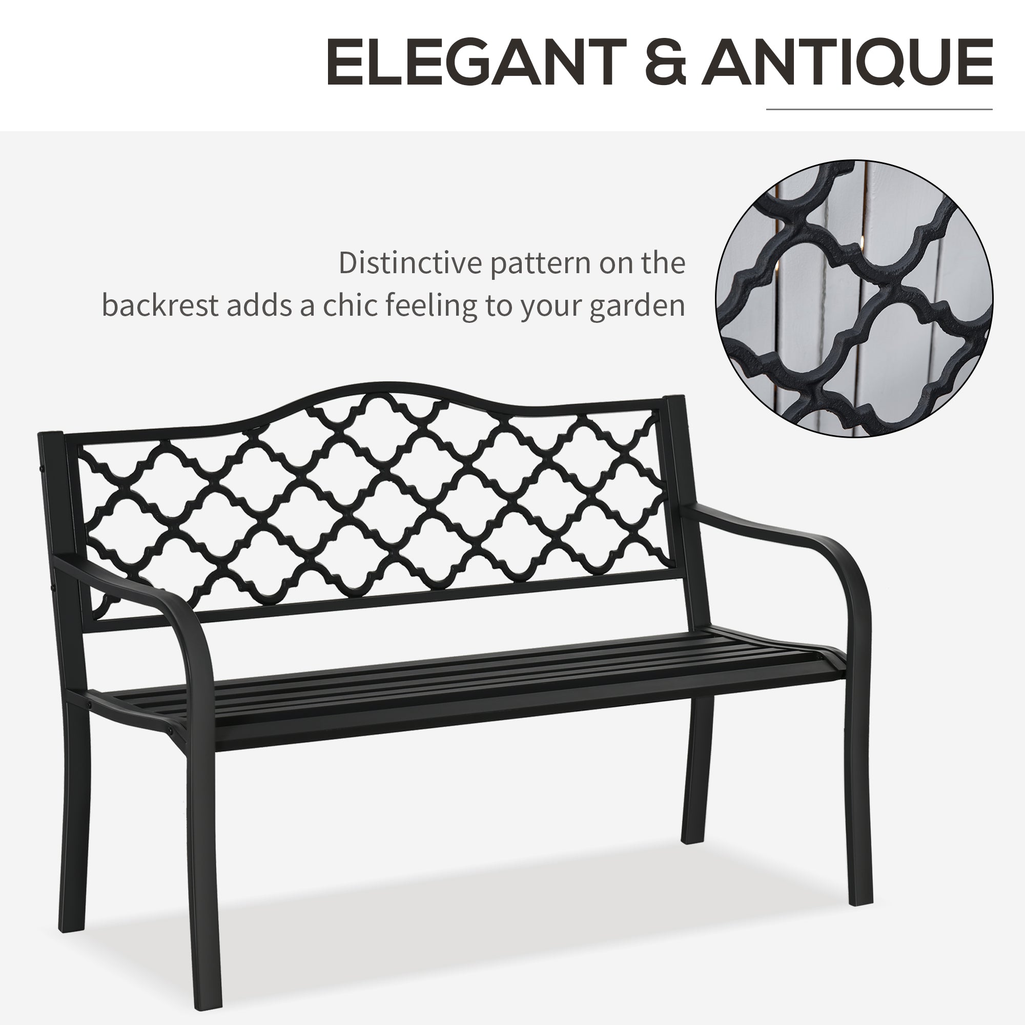 2 Seater Cast Iron Garden Bench with Armrest - Matte Black
