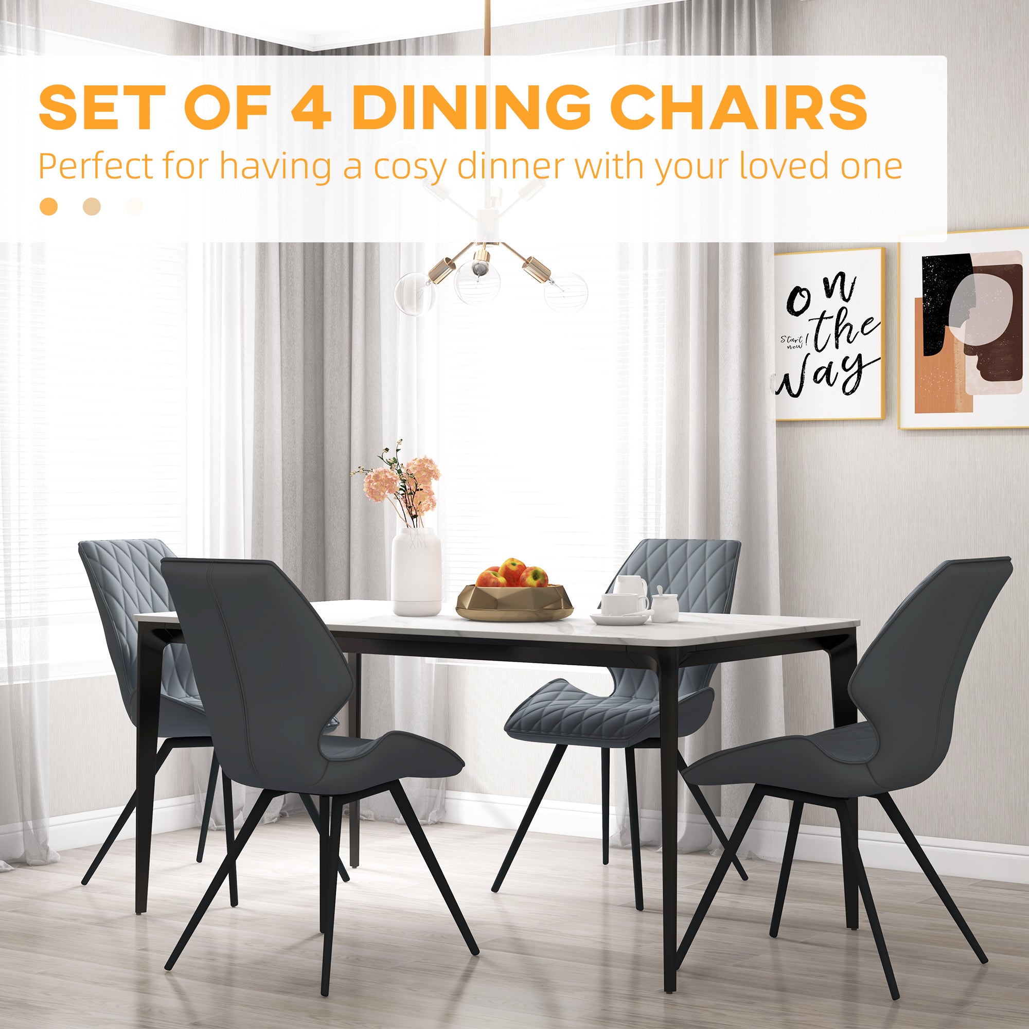 Set of 4 Dining Chairs, Kitchen Chairs with Metal Legs, PU Leather Seat and Backrests, Grey