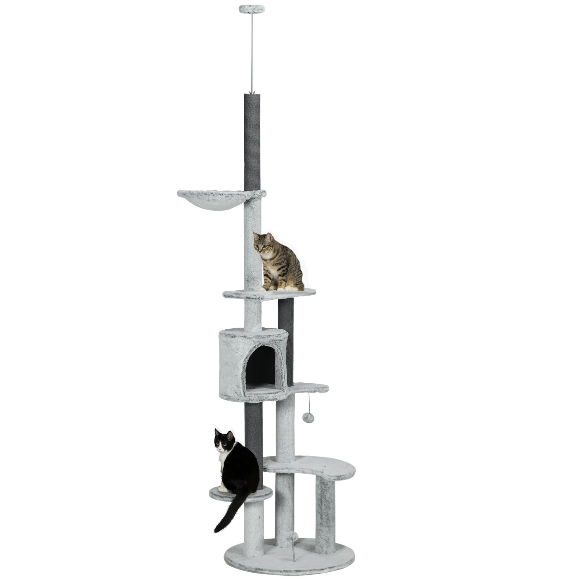 255cm Floor to Ceiling Cat Tree with Scratching Posts, Height Adjustable Cat Tower with Hammock, House, Anti-tipping Kit, Perches, Toys, Grey