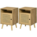 Set of 2 Rattan Bedside Tables with Cupboard and Shelf - Natural