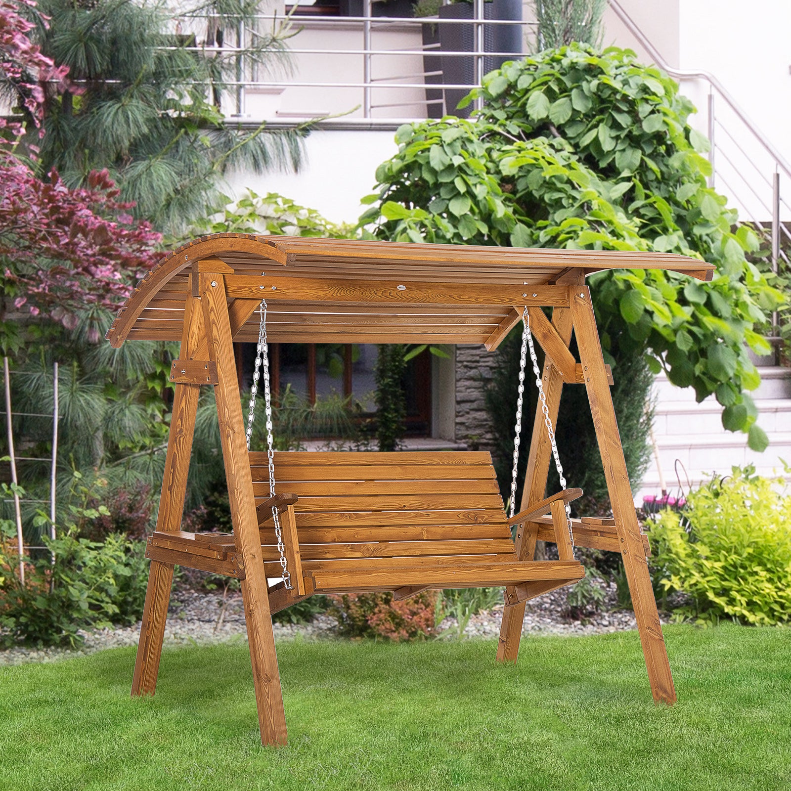 2 Seater Garden Swing Chair, Outdoor Canopy Swing Bench with Adjustable Shade and Solid Wood Frame