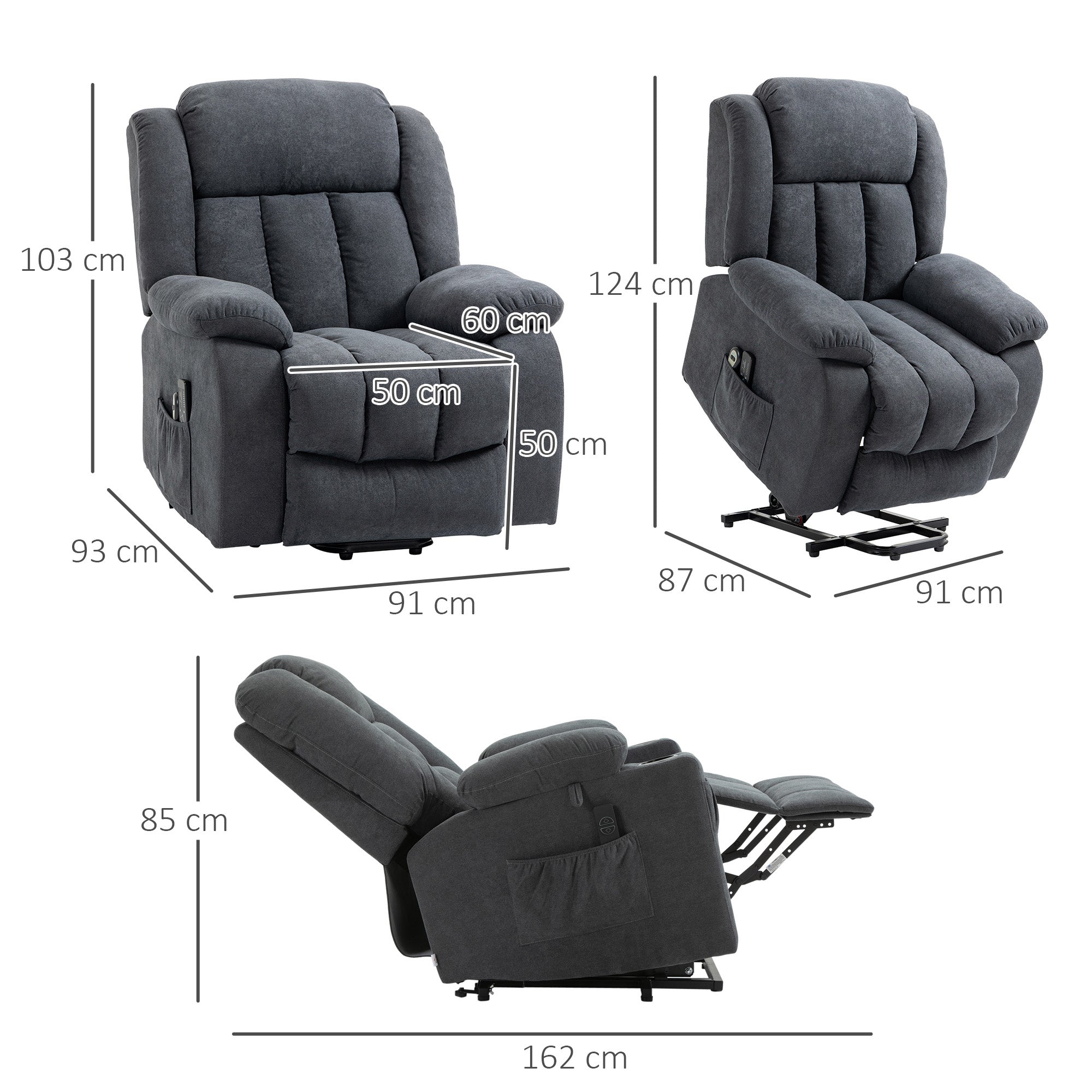 Oversized Riser and Recliner Chairs for the Elderly, Heavy Duty Fabric Upholstered Lift Chair w/ Remote Control, Side Pocket, Dark Grey