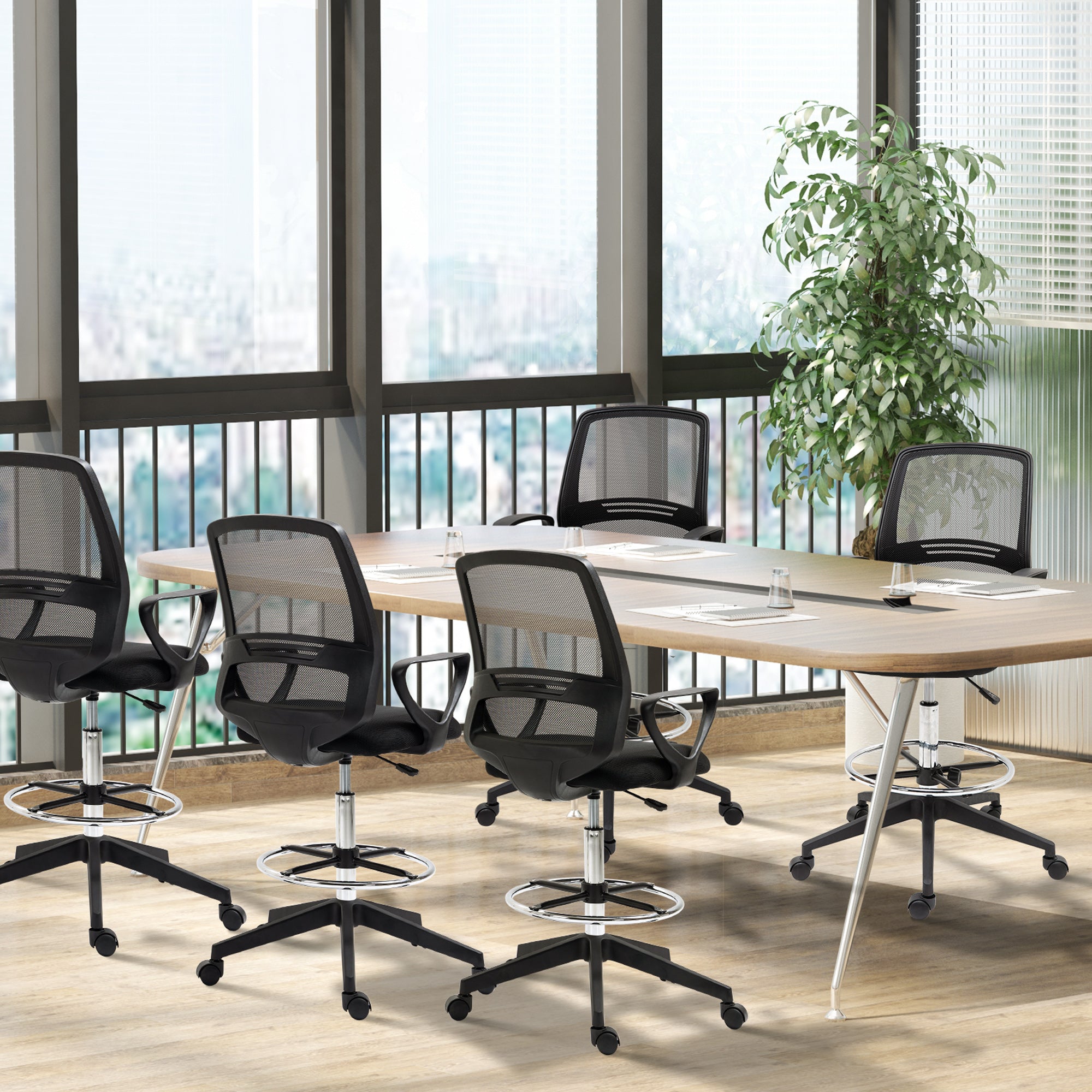 Ergonomic Mesh Back Draughtsman Chairs Tall Office Chair with Adjustable Height and Footrest 360° Swivel, Set of 5