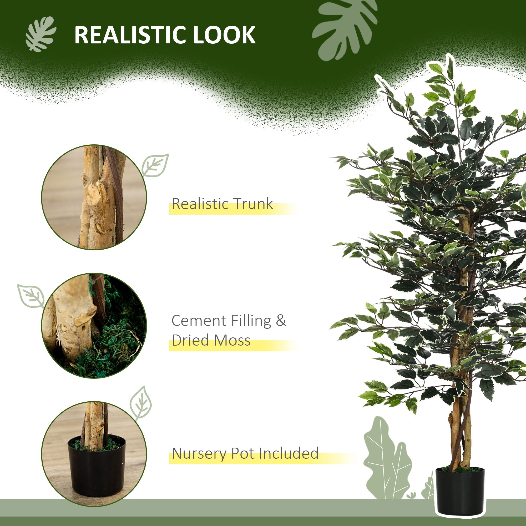 Set of 2 Artificial 130cm Ficus Trees in Pot with Lifelike Leaves and Natural Trunks - Green