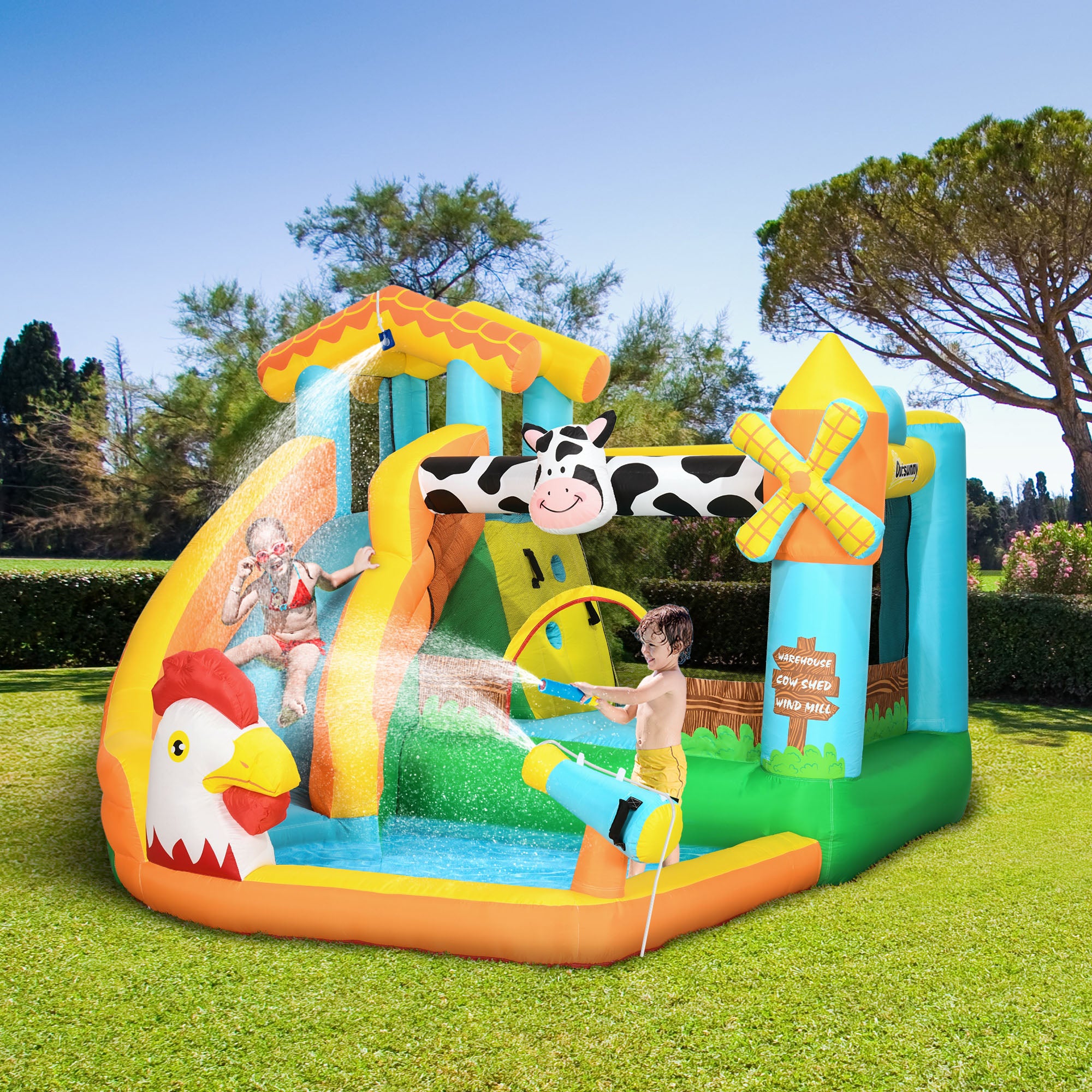 5 in 1 Kids Bounce Castle Farm Style Inflatable House with Slide Trampoline Pool Water Cannon Climbing Wall Inflator Carry bag for Ages 3-8