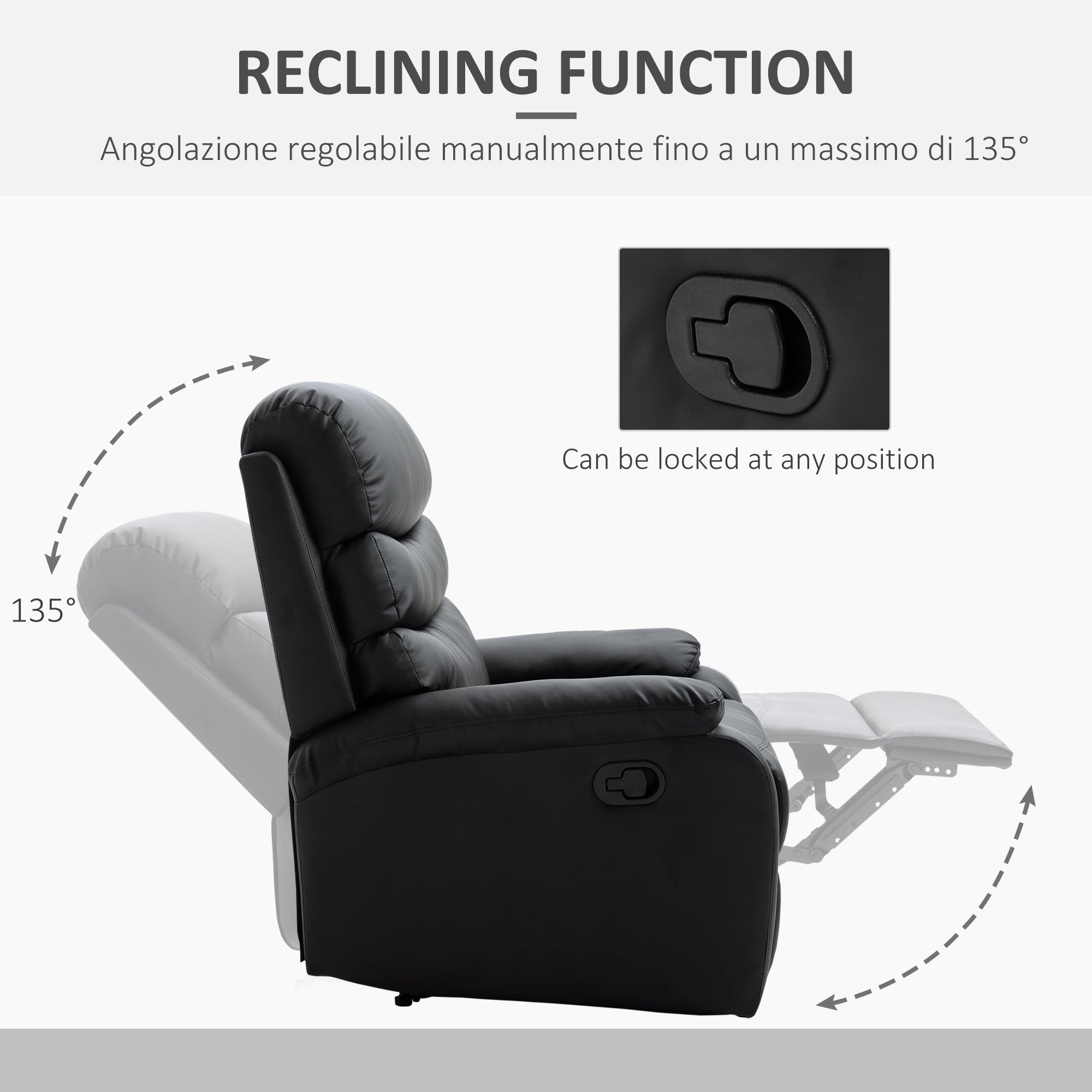 PU Leather Reclining Chair, Manual Recliner Chair with Padded Armrests, Retractable Footrest and Wood Frame, Black