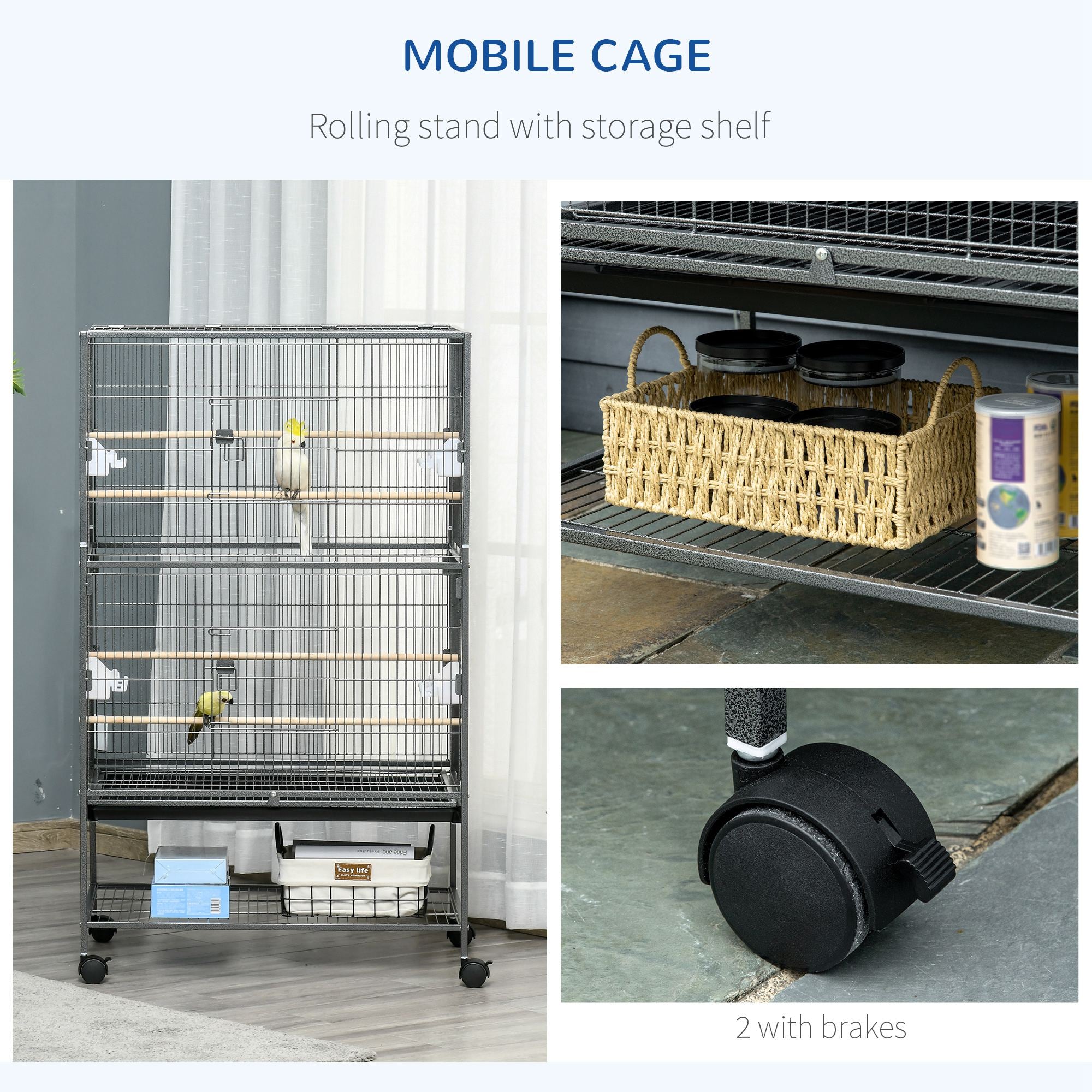 Large Bird Cage for Budgie Finch Canaries Parakeet with Rolling Stand, Tray & Storage Shelf - Dark Grey