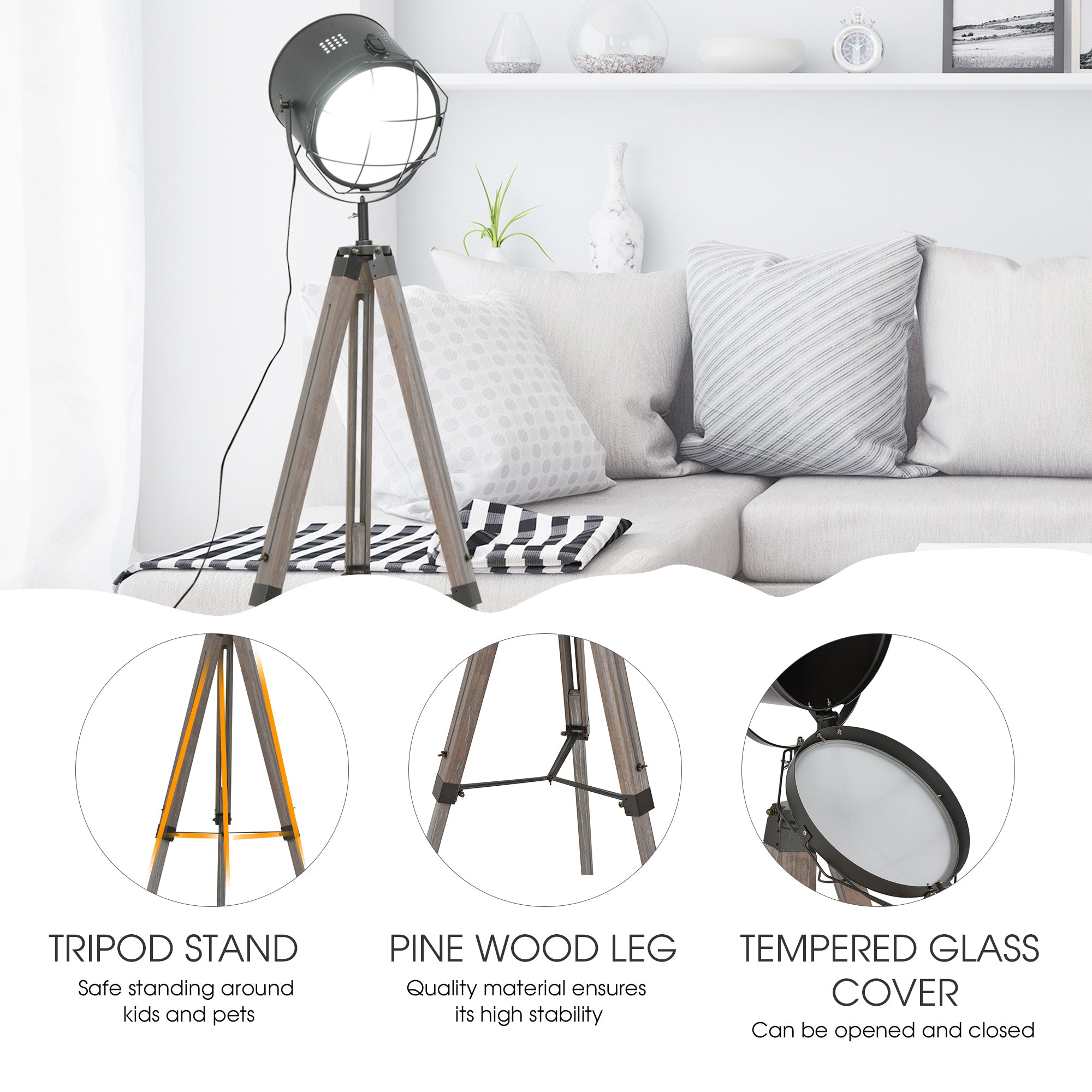 Industrial Tripod Floor Lamp with Vintage Spotlight and Wooden Legs E27 Base - Grey