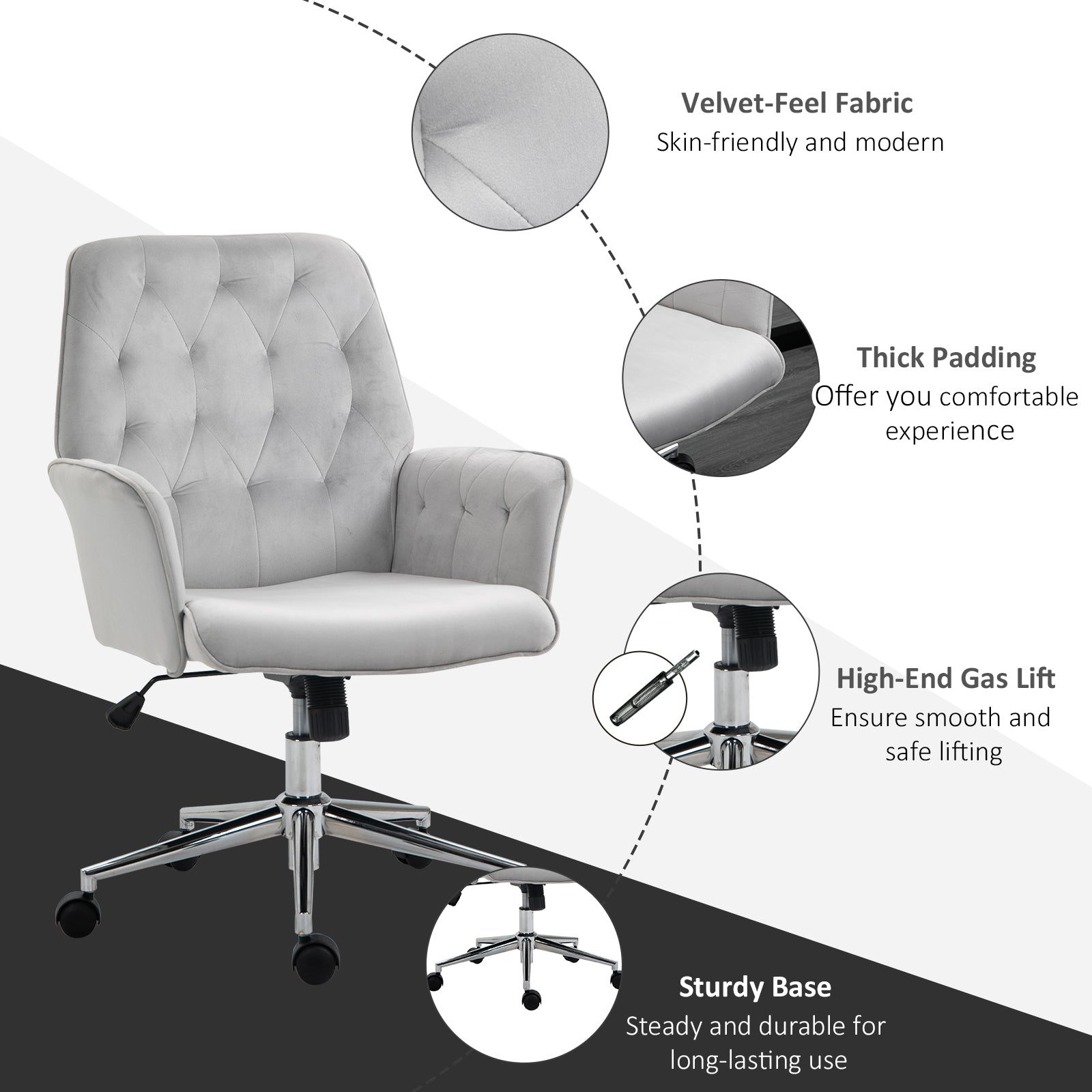 Linen Computer Chair with Armrest, Modern Swivel Chair with Adjustable Height, Light Grey