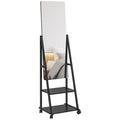 Free Standing Full Length Dressing Mirror with Adjustable Angle, Rolling Wheels & Storage Shelves - Black