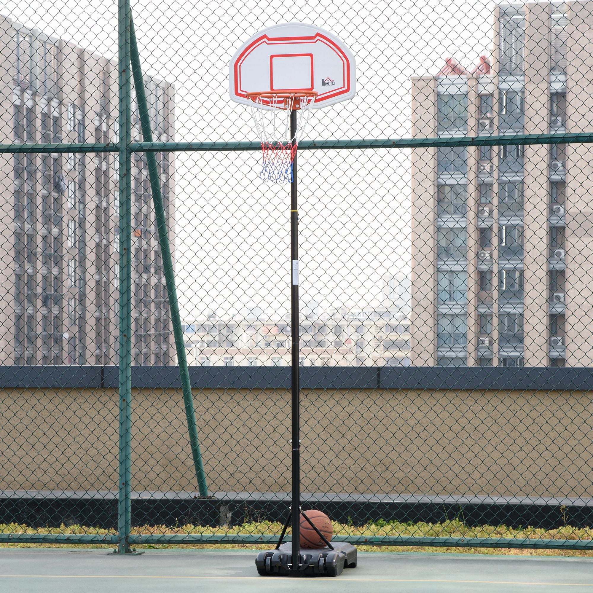 Outdoor Basketball Hoop Stand Portable Sturdy Rim Adjustable Height from 258-314 cm w/ Wheels, Stable Base