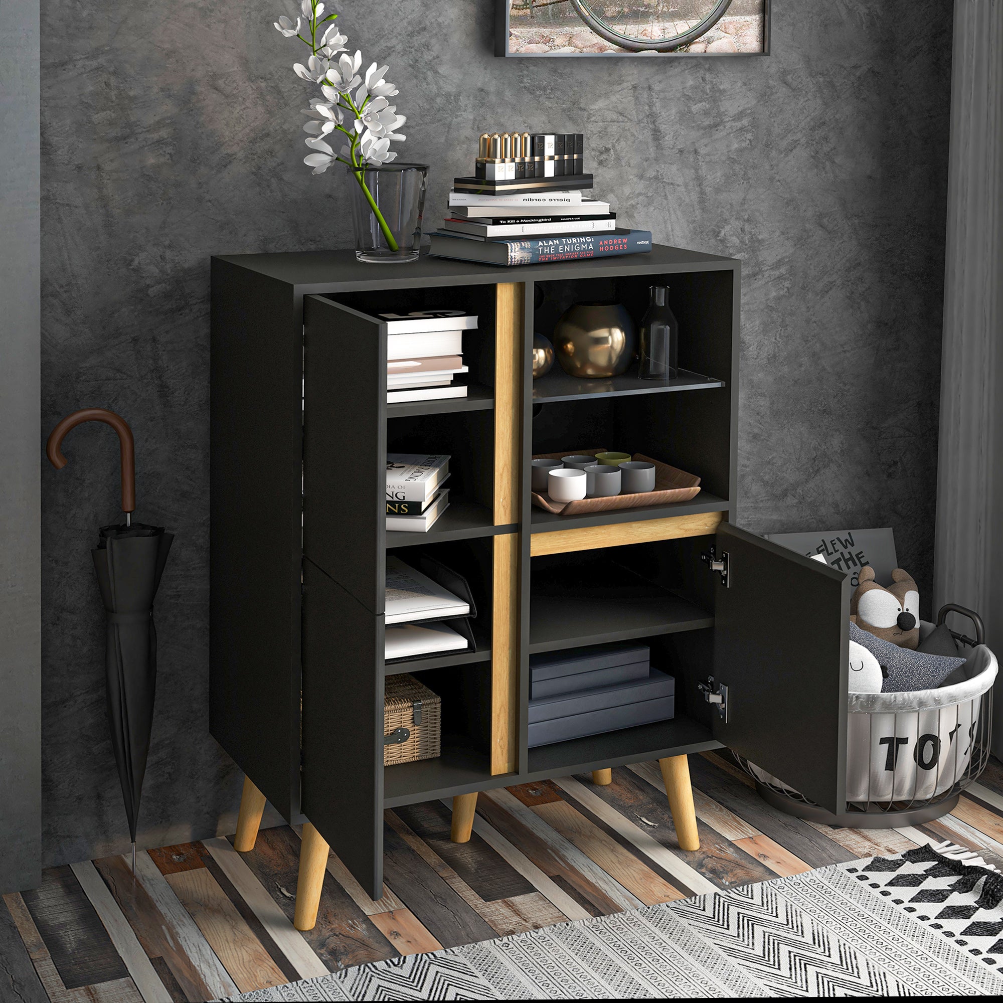 Storage Cabinet Sideboard with Tempered Glass Adjustable Shelves and Solid Wood Legs