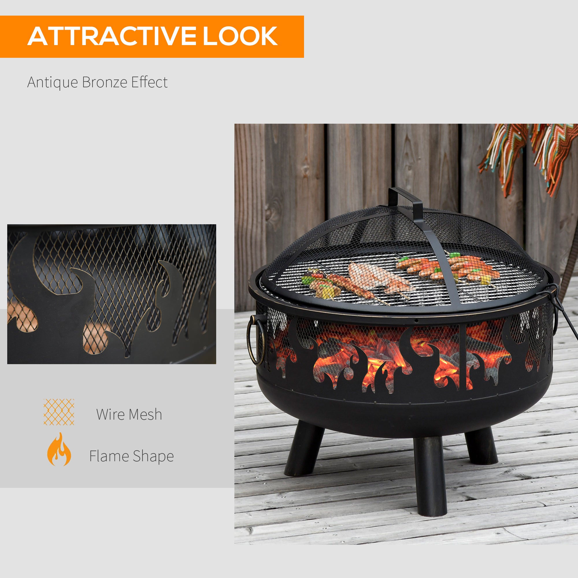 2-in-1 Outdoor Fire Pit and Steel BBQ Grill with Spark Screen and Fire Poker for Patio - Black