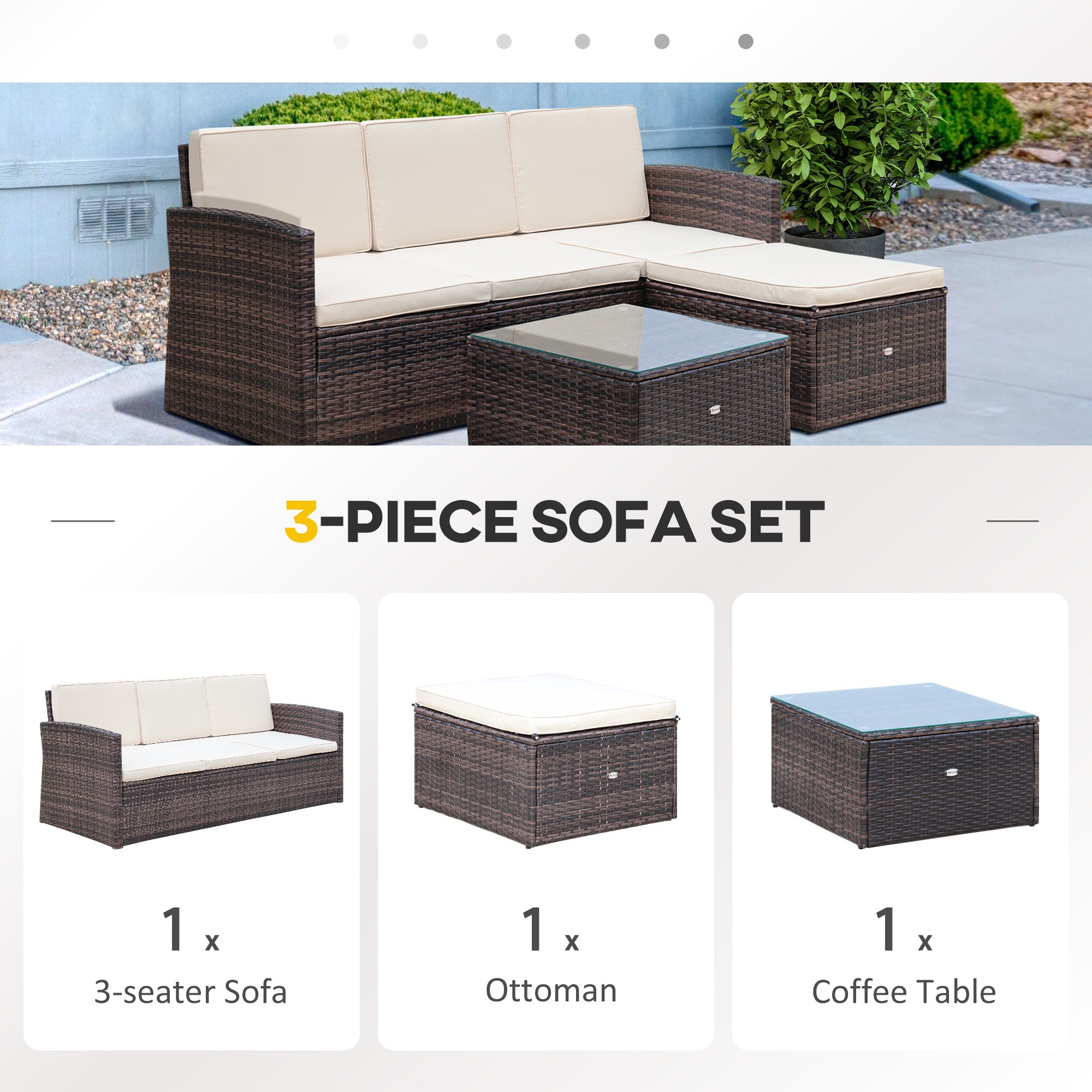 4-Seater Rattan Garden Furniture Outdoor Patio Corner Sofa and Coffee Table Set Footstool w/ Thick Cushions, Brown