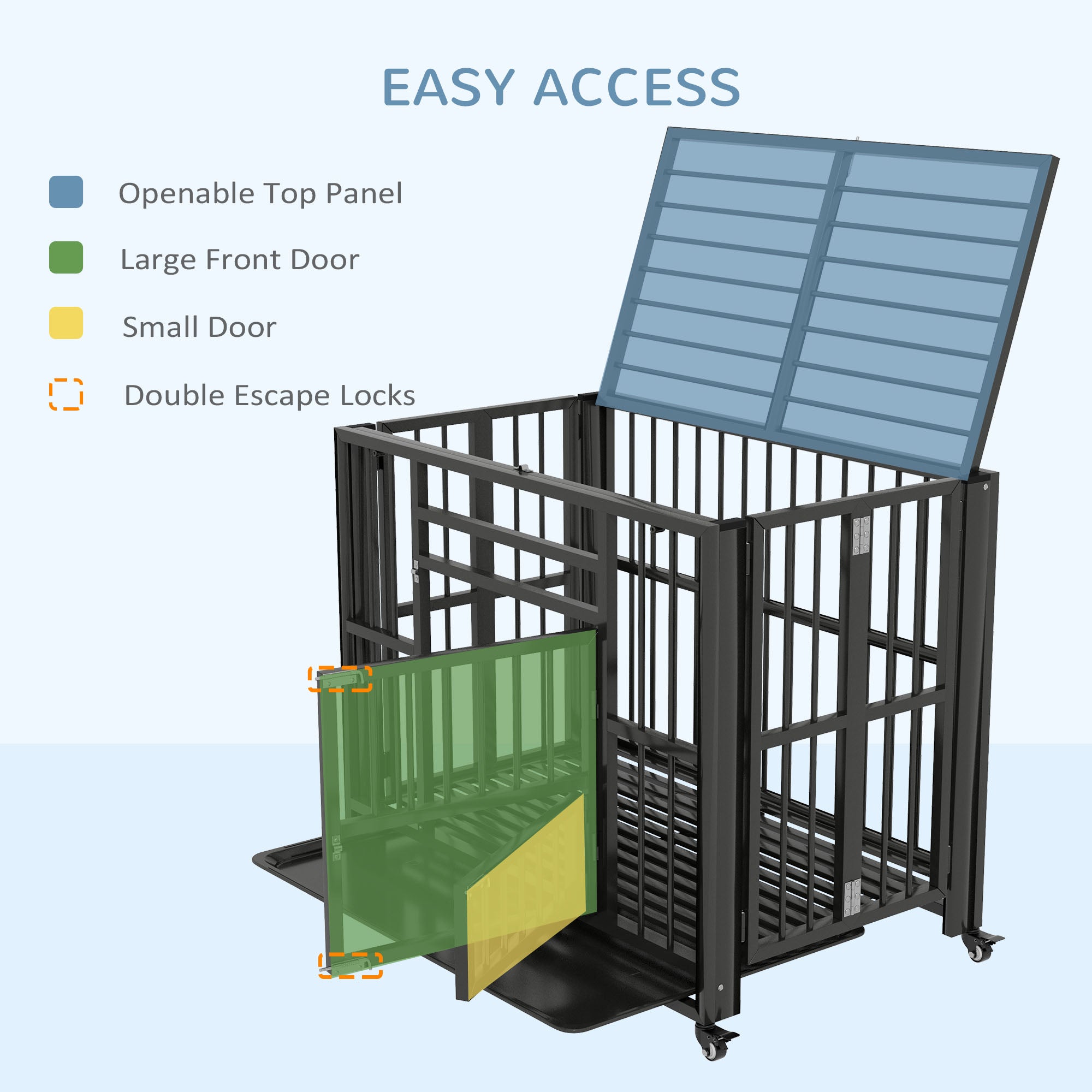 37" Heavy Duty Dog Crate, Foldable Dog Cage, with Openable Top, Locks, Removable Tray, Wheels - Black