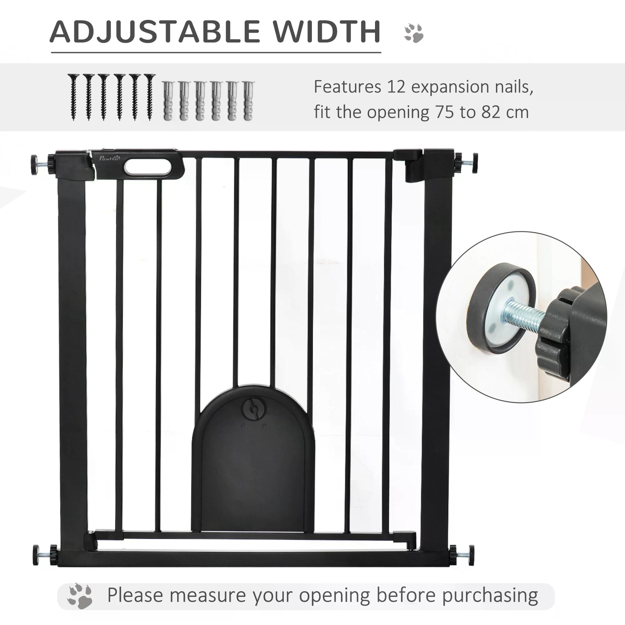 75-82 cm Pet Safety Gate Barrier, Stair Pressure Fit, w/ Small Door, Auto Close, Double Locking, for Doorways, Hallways, Black