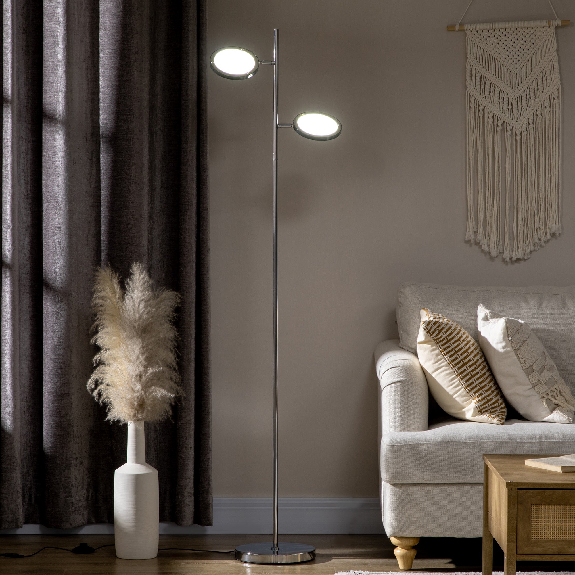 Modern Floor Lamps for Living Room, Standing Lamp with 2 Light White LED, Adjustable Head, 25x25x165cm, Chrome