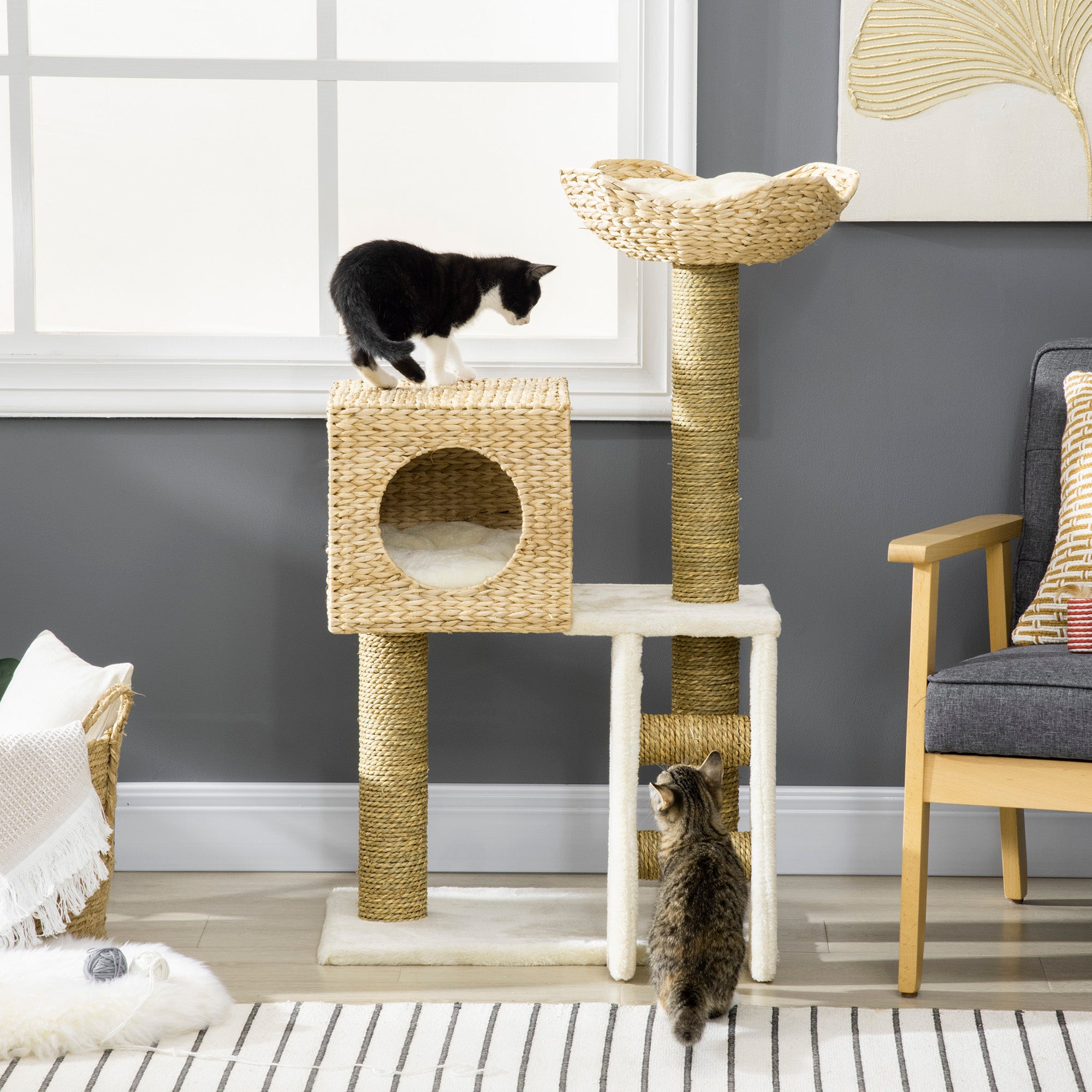 Cat Tree for Indoor Cats Kitten Tower Cattail Weave with Scratching Posts, Cat House, Bed, Ladder, Washable Cushions, Natural Finish