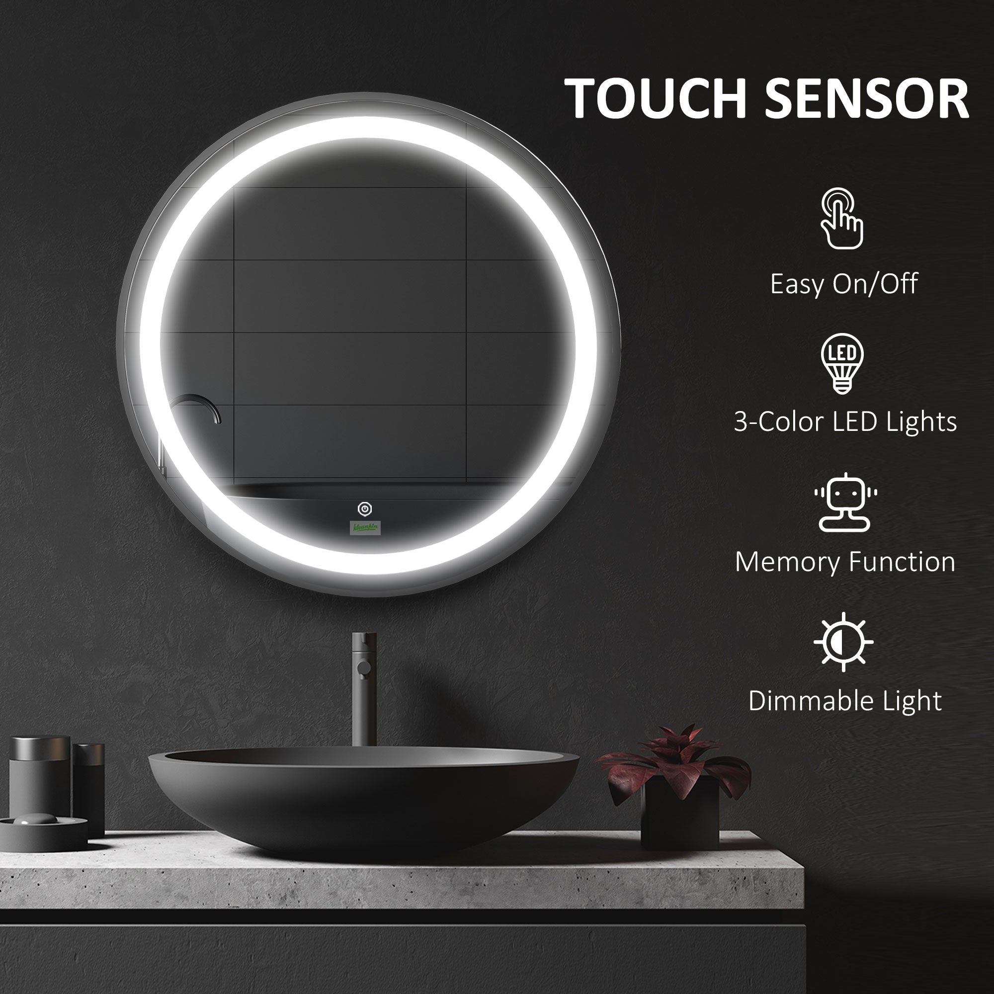 Round LED Bathroom Mirror, Dimmable Lighted Wall-Mounted Mirror with 3 Temperature Colours, Memory Function, Hardwired