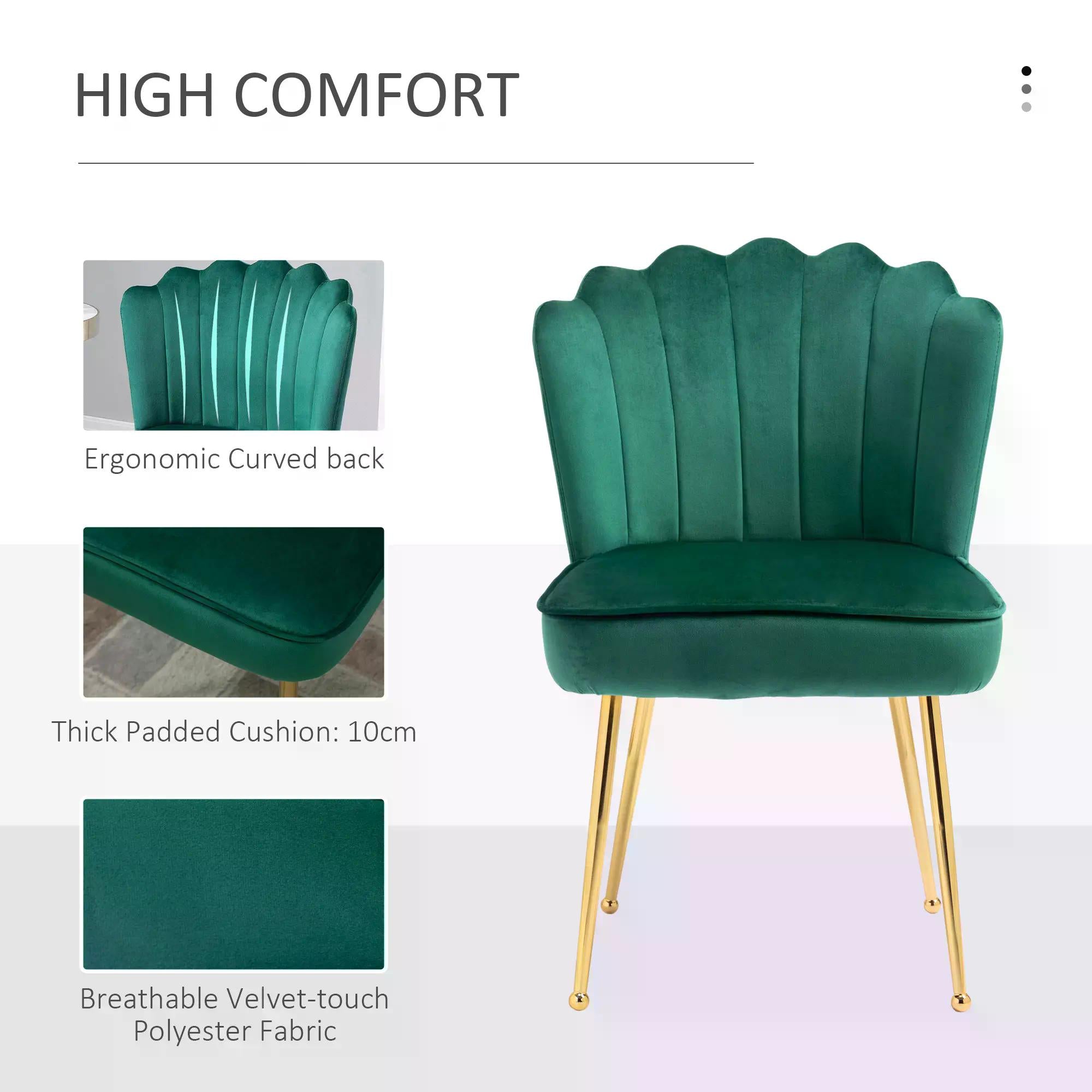 Velvet-Feel Shell Luxe Accent Chair, Glam Vanity Chair Makeup Seat, Home Bedroom Lounge with Metal Legs Comfort Padding, Green