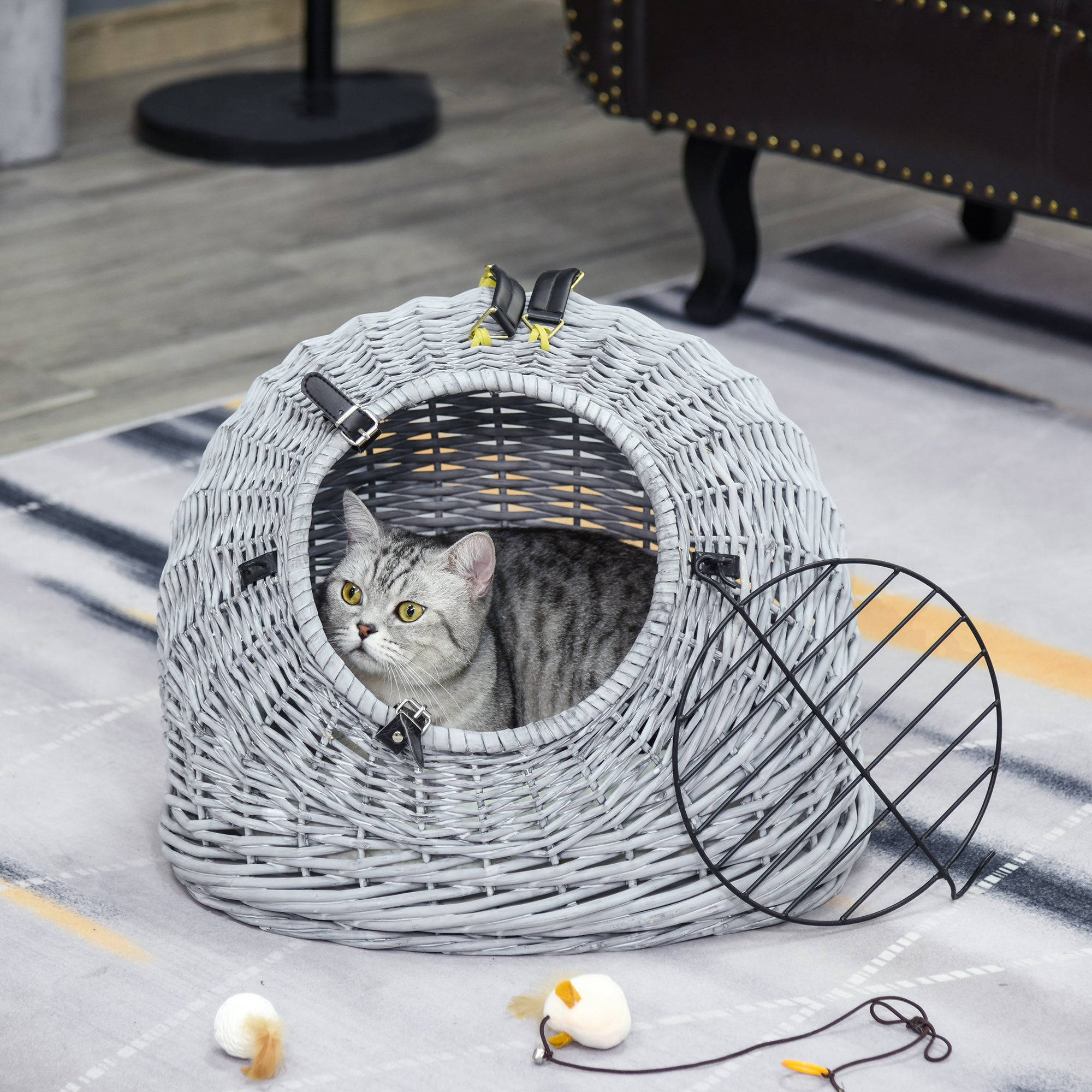 Wicker Pet Carrier Basket Cat Kitten Bed Portable Travel Cage w/ Soft Cushion Handle Grey 50 x 40 x 40 cm