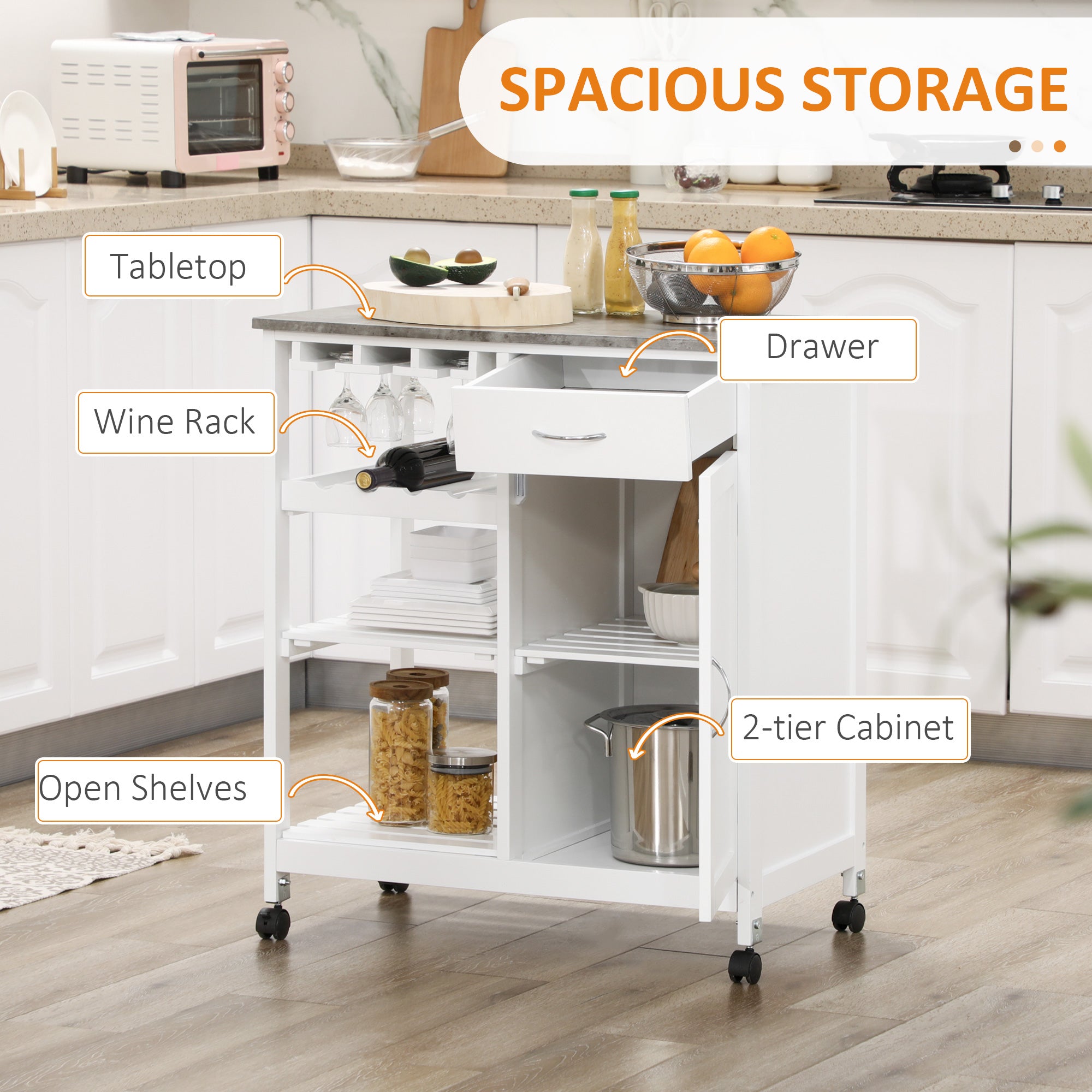 Compact Kitchen Trolley Utility Cart on Wheels with Wine Rack, Drawer, Open Shelf and Storage Cabinet for Dining Room, White