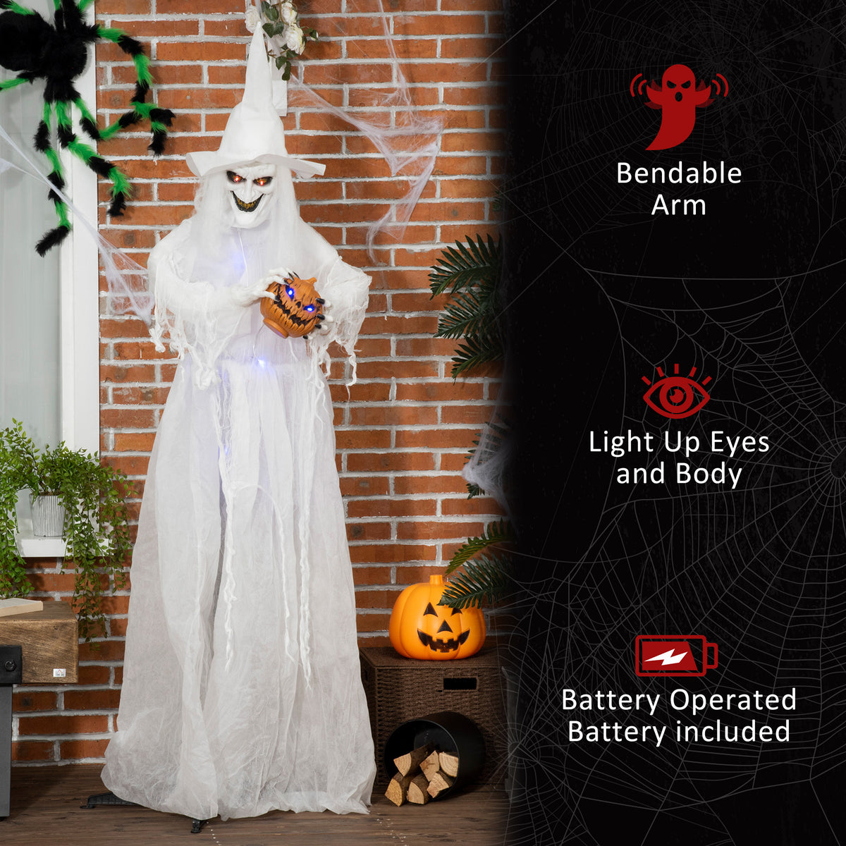 72 Inch Life-Size White Witch Halloween Decoration with Motion-Activated Light-Up Eyes - White