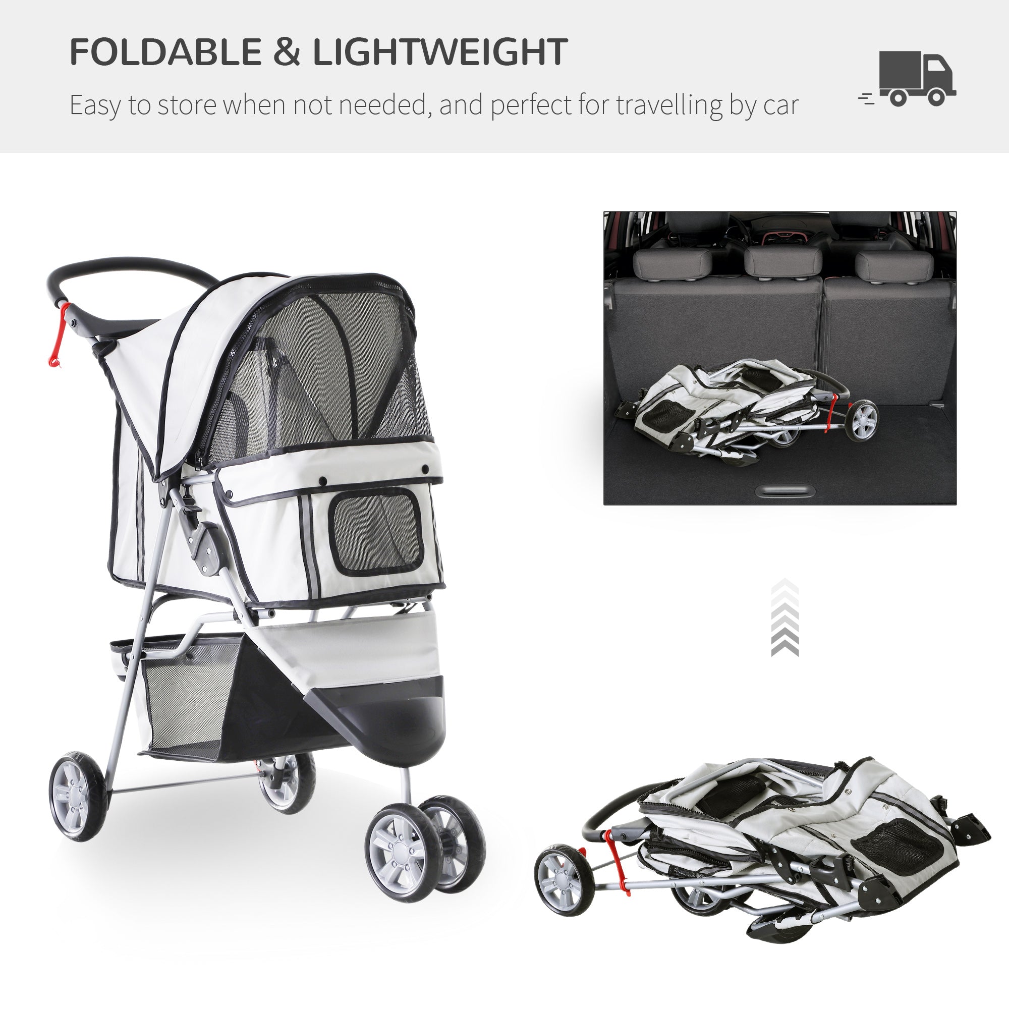 Dog Stroller Pet Travel Stroller Cat Dog Pushchair Trolley Puppy Jogger Carrier Three Wheels (Grey)