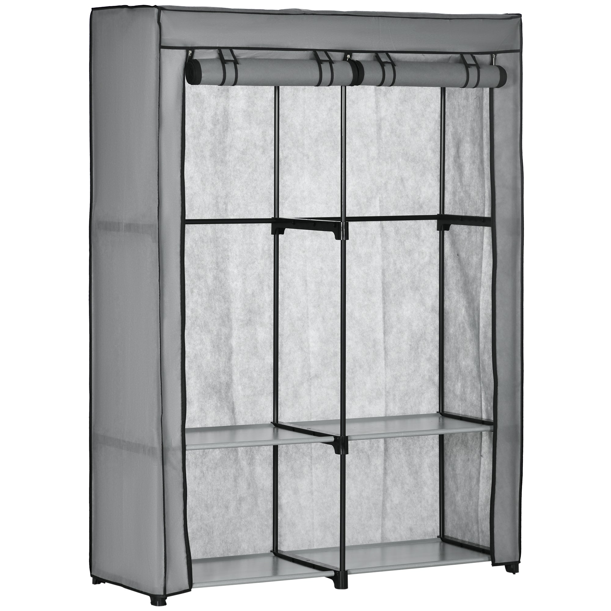 Fabric Wardrobe, Portable Fabric Cabinet, Foldable Coat Rack with 4 Shelves, 2 Hanging Rails, 118 x 49 x 170 cm, Light Grey