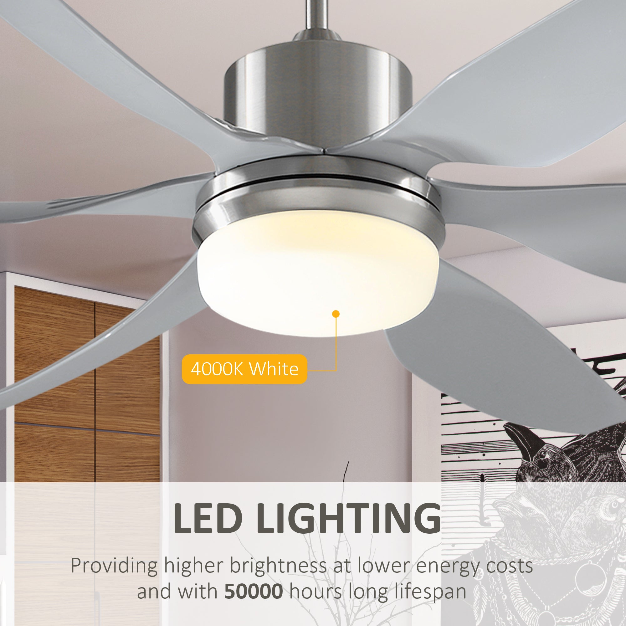 Reversible Ceiling Fan with Light, 6 Blades Indoor Modern Mount LED Lighting Fan with Remote Controller, for Bedroom, Living Room, Silver