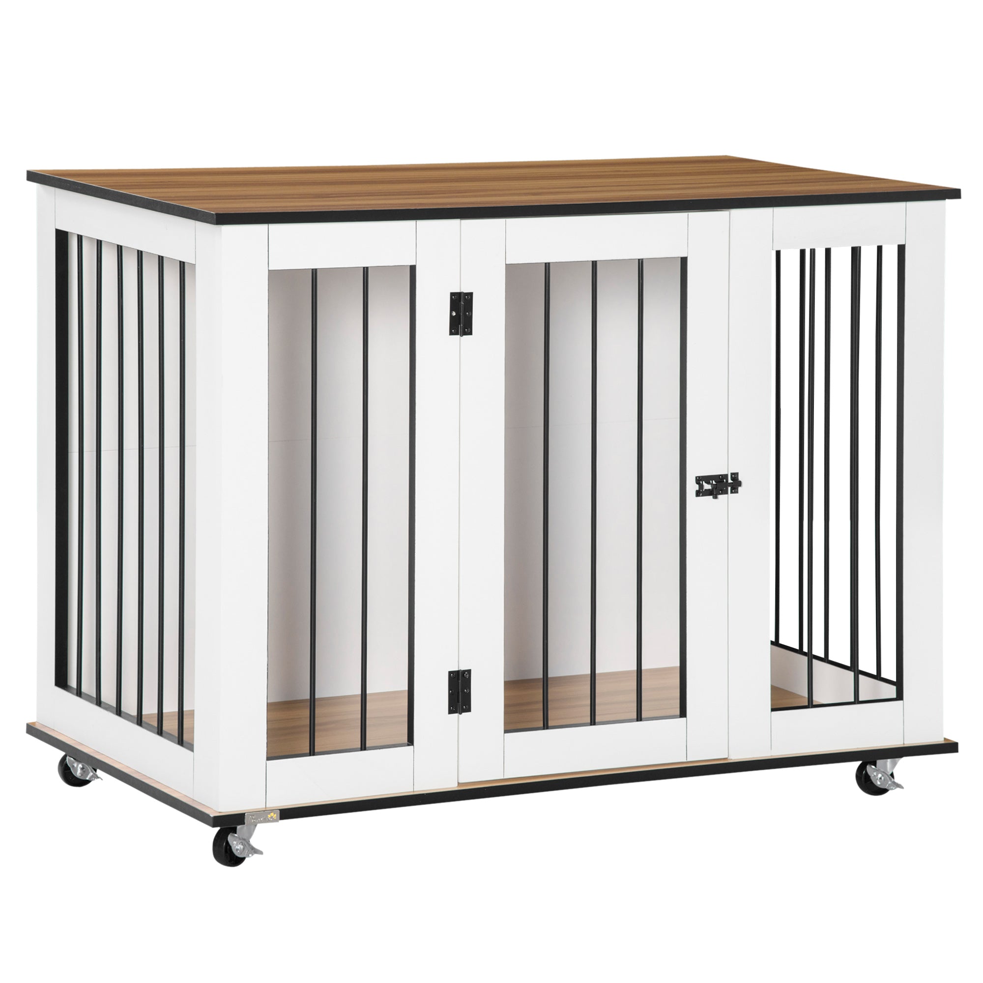 Dog Cage End Table with Five Wheels, Dog Crate Furniture for Large Sized Dogs, with Front Door Latch, Indoor Use, White