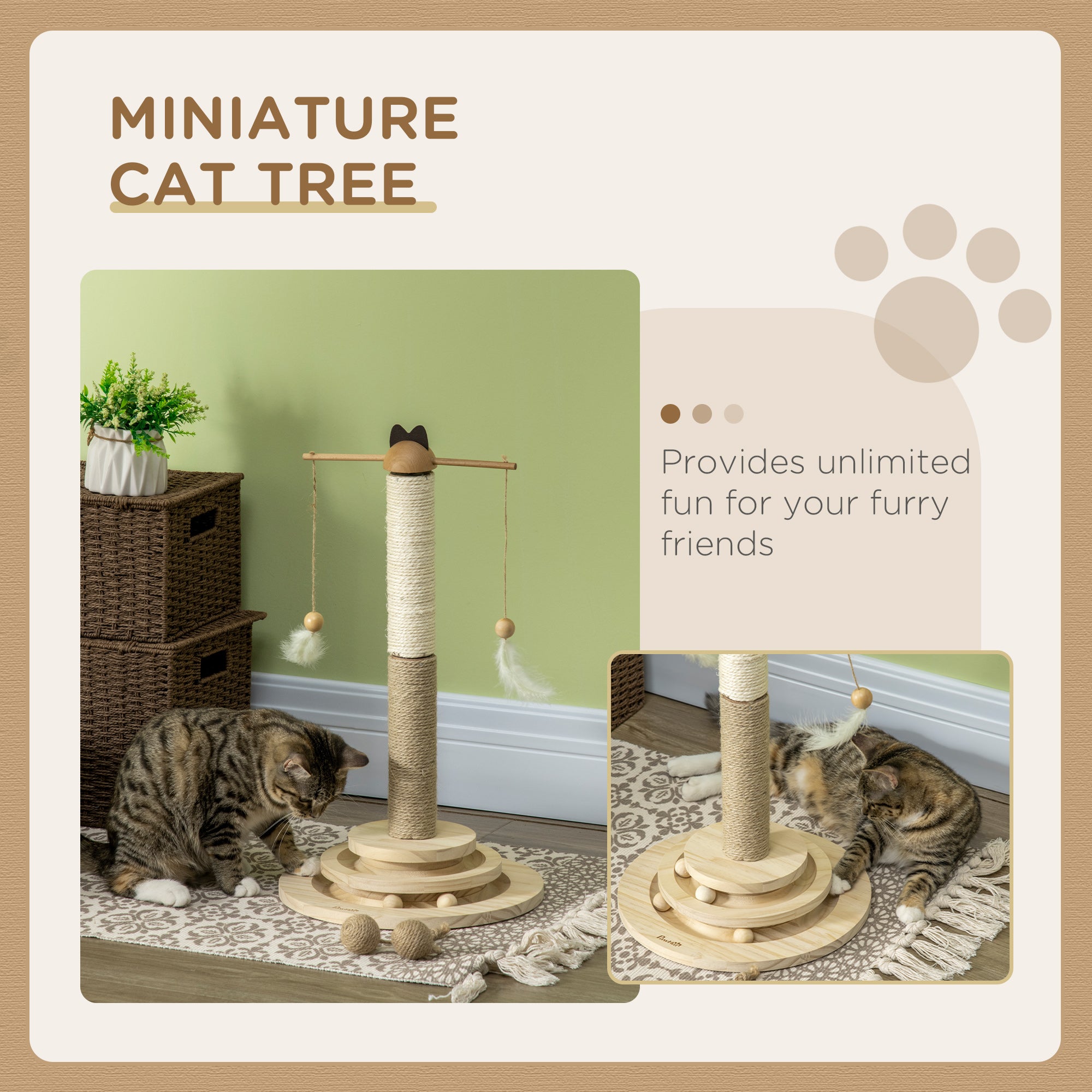 56cm Cat Tree, Kitty Activity Center with Turntable Interactive Ball Toy, Cat Tower with Jute & Sisal Scratching Post, Natural