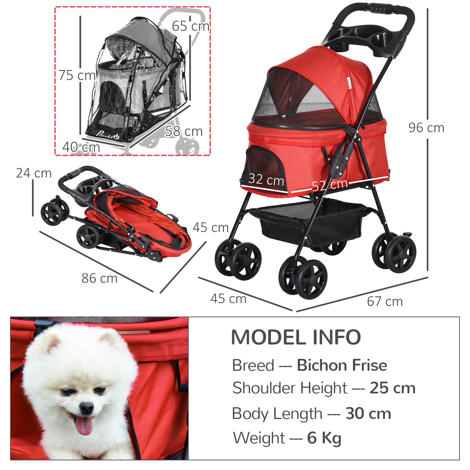 Dog Stroller with Rain Cover, Dog Pushchair One-Click Fold Trolley with EVA Wheels Brake Basket Adjustable Canopy Safety Leash