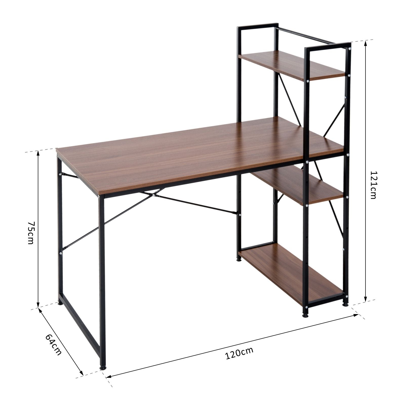 Computer Desk PC Table Study Workstation Home Office with 4-tier Bookshelf Storage Metal Frame Wooden Top (Walnut & Black)