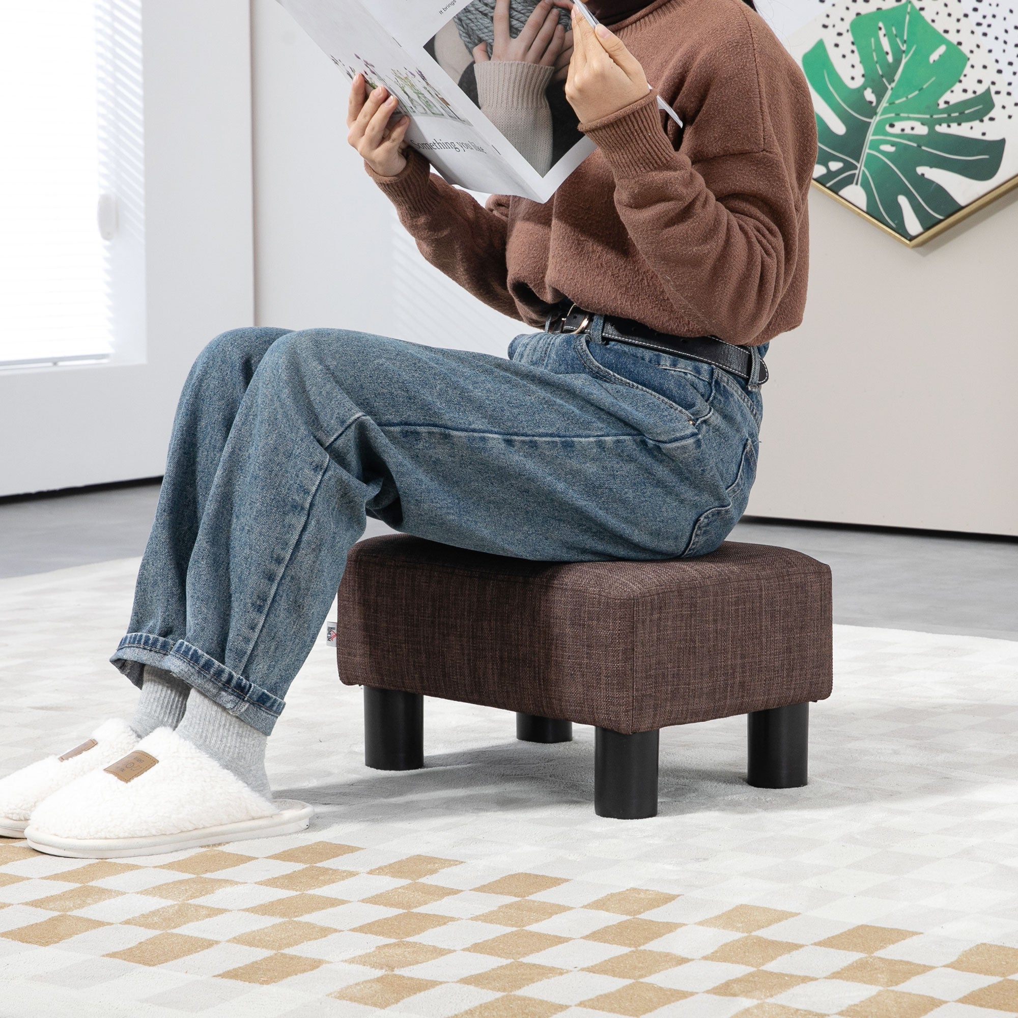 Linen Fabric Footstool Ottoman Cube with 4 Plastic Legs