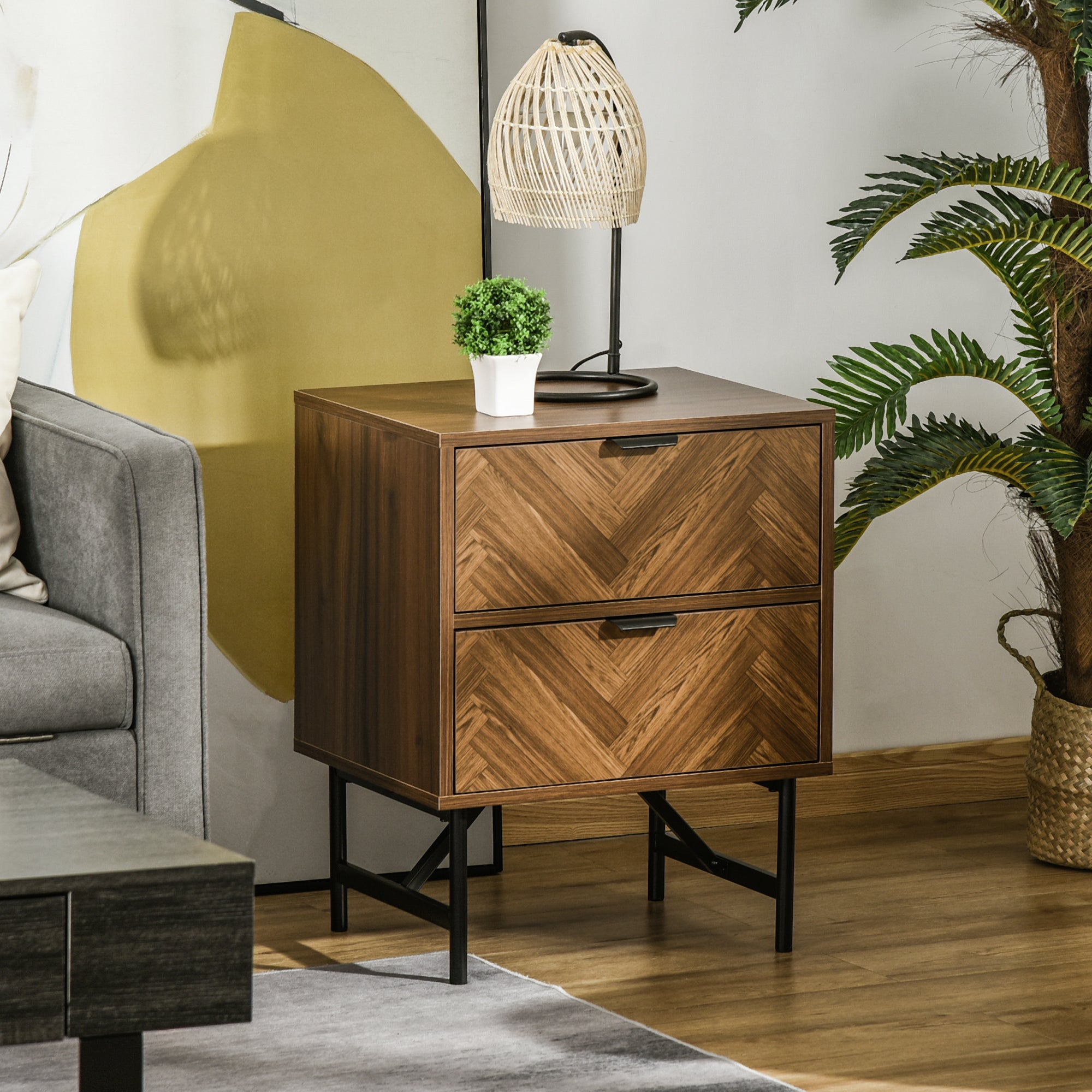 Side Cabinet Home Organizer with 2 Storage Drawer Unit, Hidden Handle for Bedroom, Living Room, Herringbone Pattern, Walnut Brown