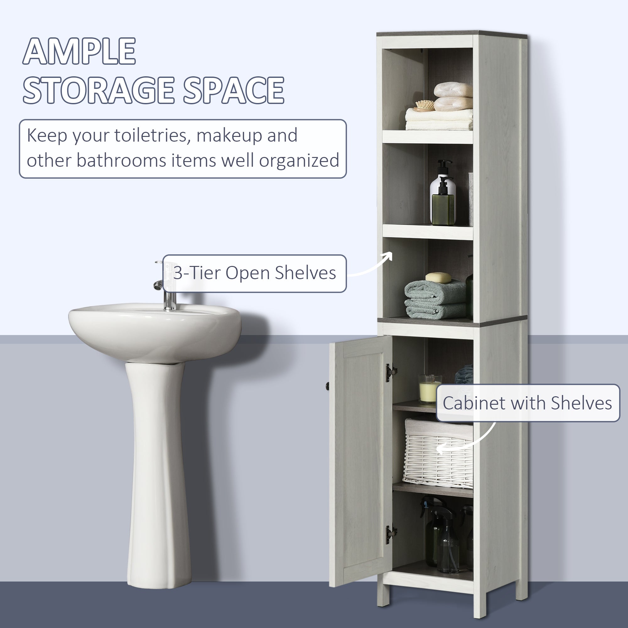 Slimline Bathroom Storage , Freestanding Tower Cabinet with 3 Open Shelves and Adjustable Shelf, Antique White