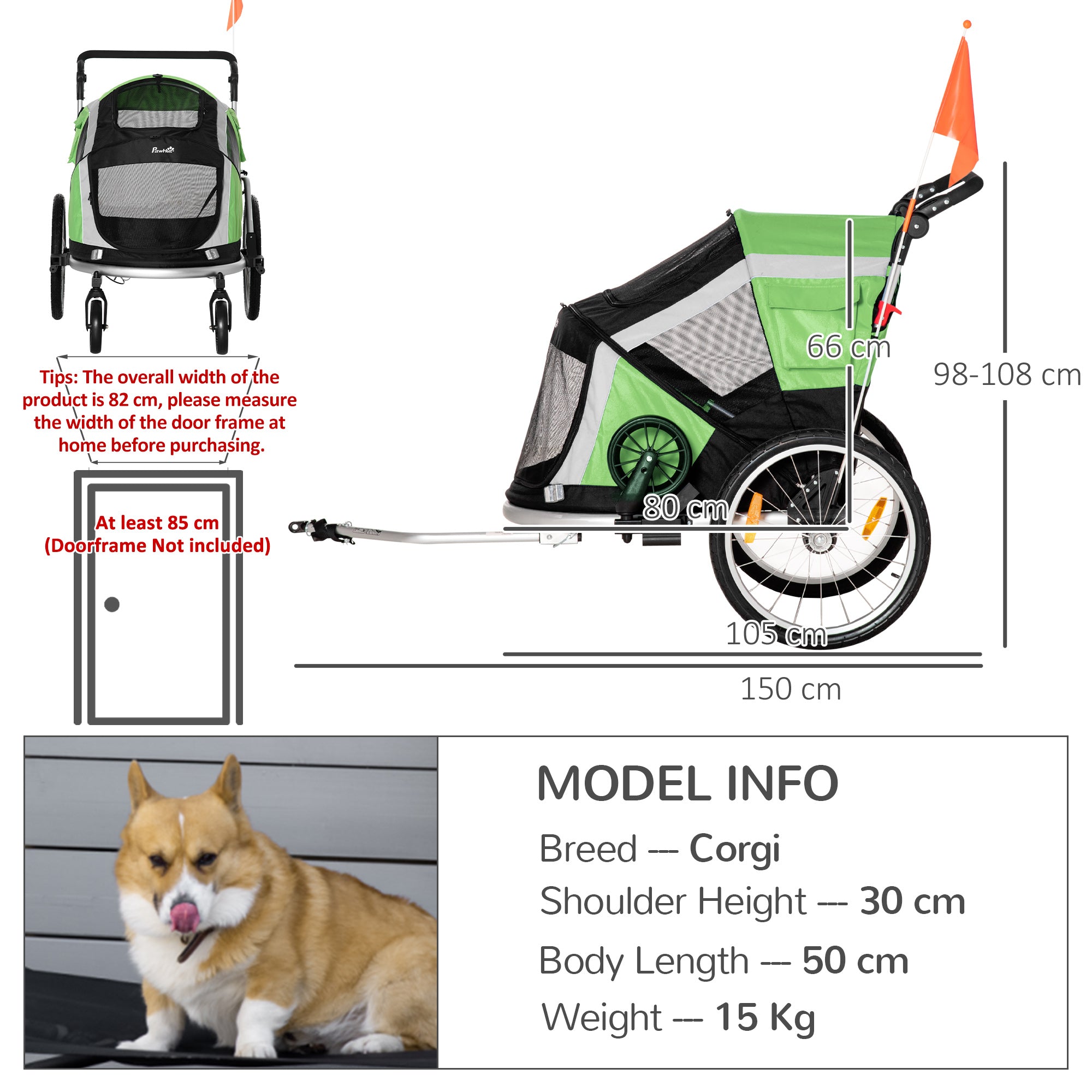 Dog Bike Trailer 2-in-1 Pet Stroller for Large Dogs Cart Foldable Bicycle Carrier Aluminium Frame with Safety Leash Hitch Coupler Flag Green